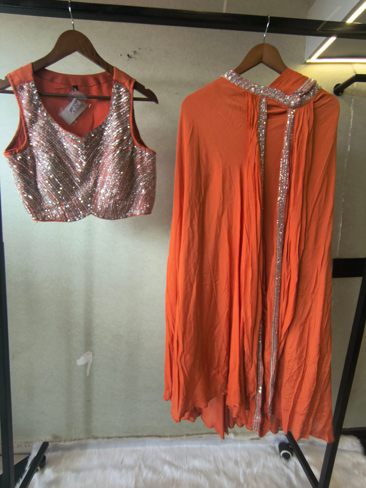 Burnt Orange Embellished Designer Blouse with Drape Palazzo & Cape – 3 Piece Indo-Western Party Wear Set