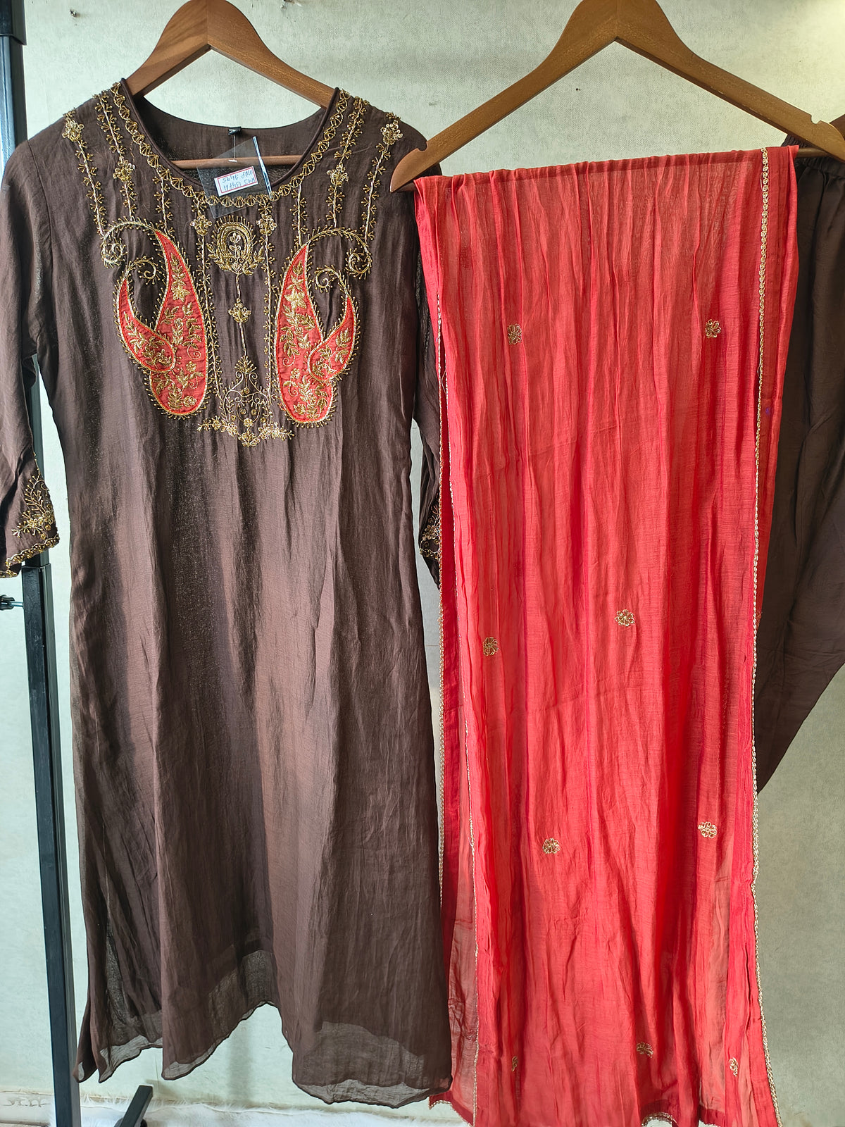 Midnight Black Embroidered Straight Kurta Set with Statement Paisley Yoke, Contrast Crimson Dupatta & Premium 3 Piece Ethnic Ensemble