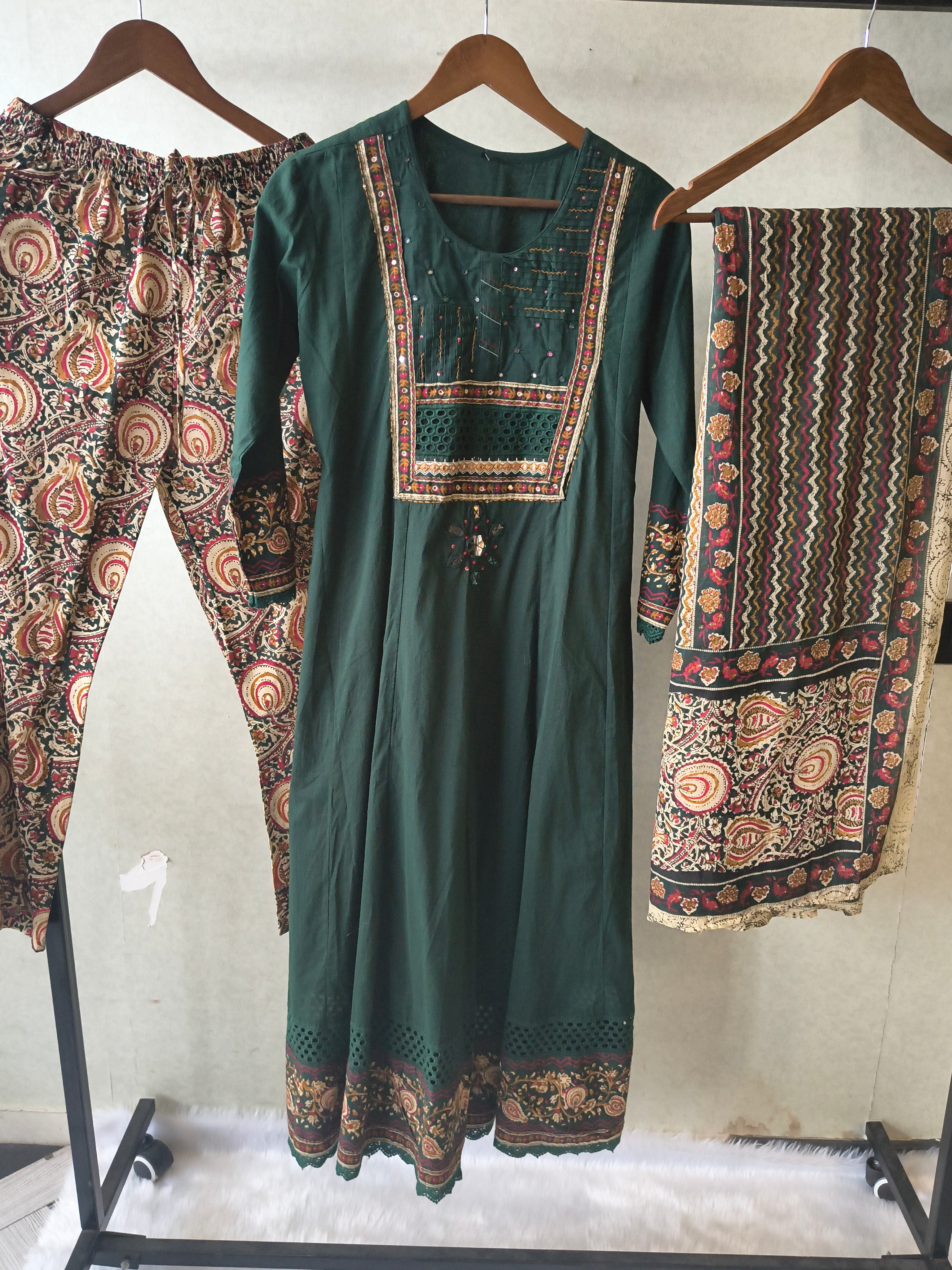 Image of Emerald Green Embroidered Three-Piece Kurta Set with Printed Pant & Designer Dupatta