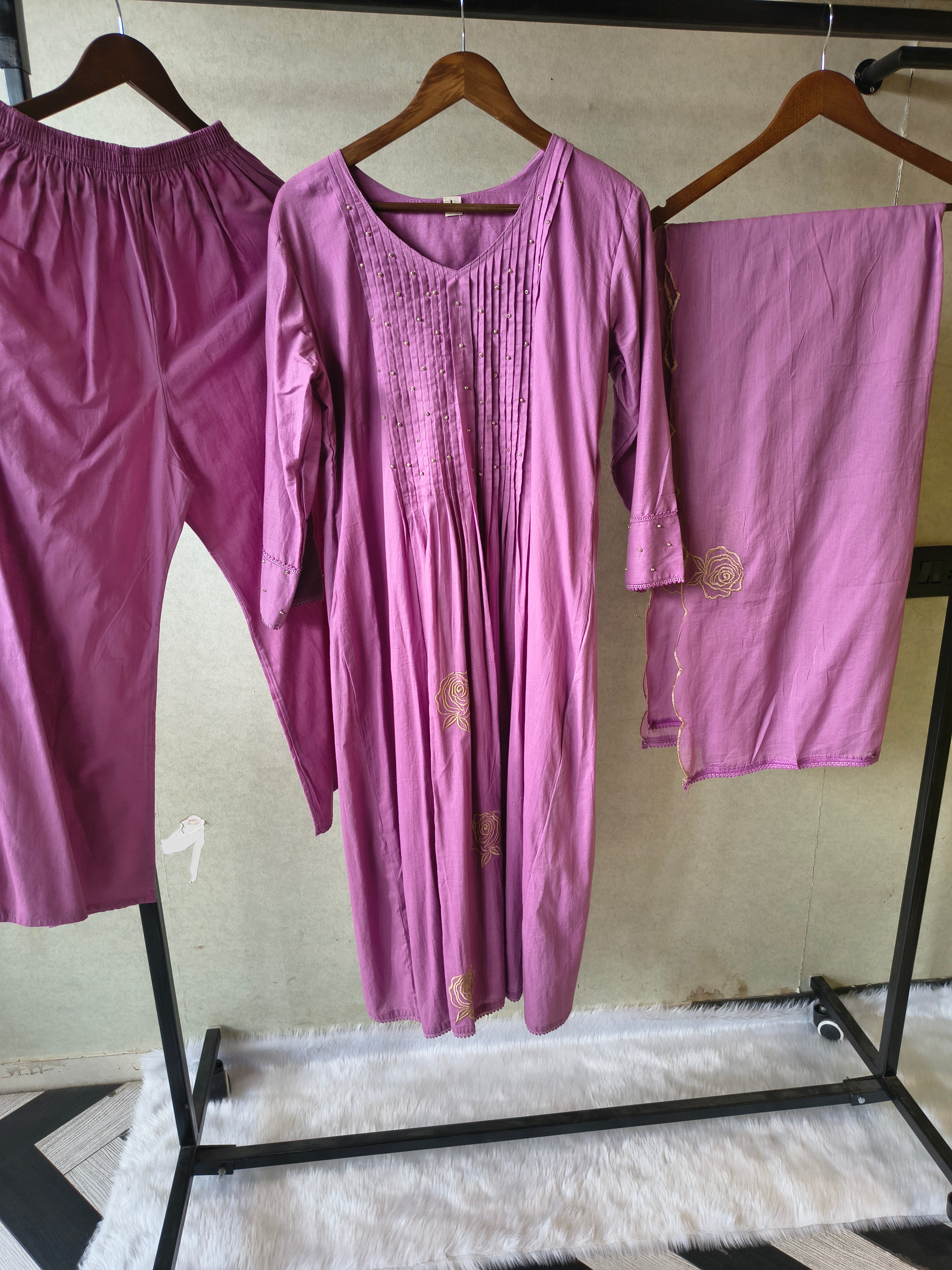 Image of Dusty Mauve Cotton Blend 3-Piece Suit Set with Pintuck Detailing & Delicate Floral Embroidery
