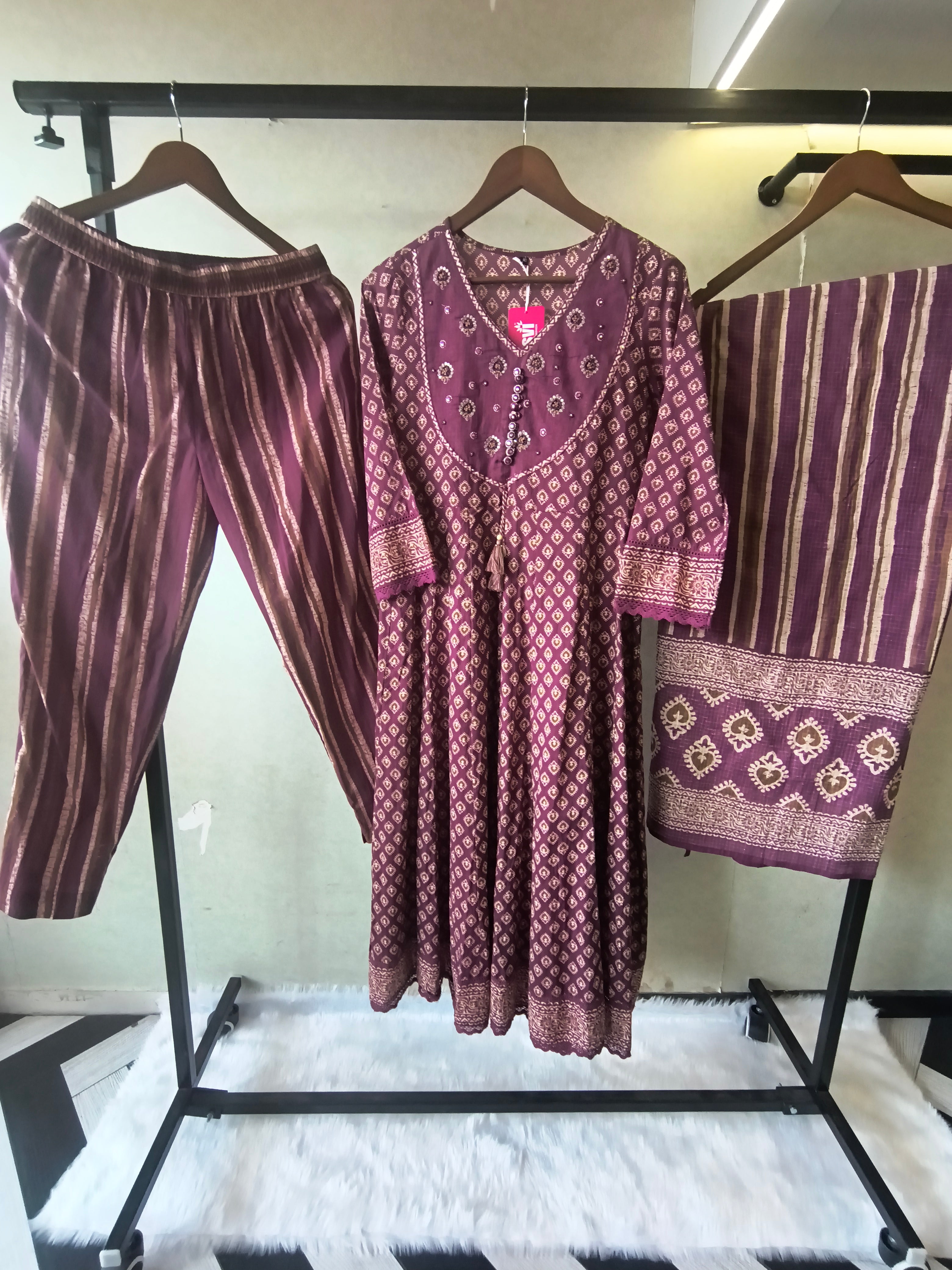 Image of Plum Printed Cotton Anarkali Suit Set with Striped Pants & Dupatta
