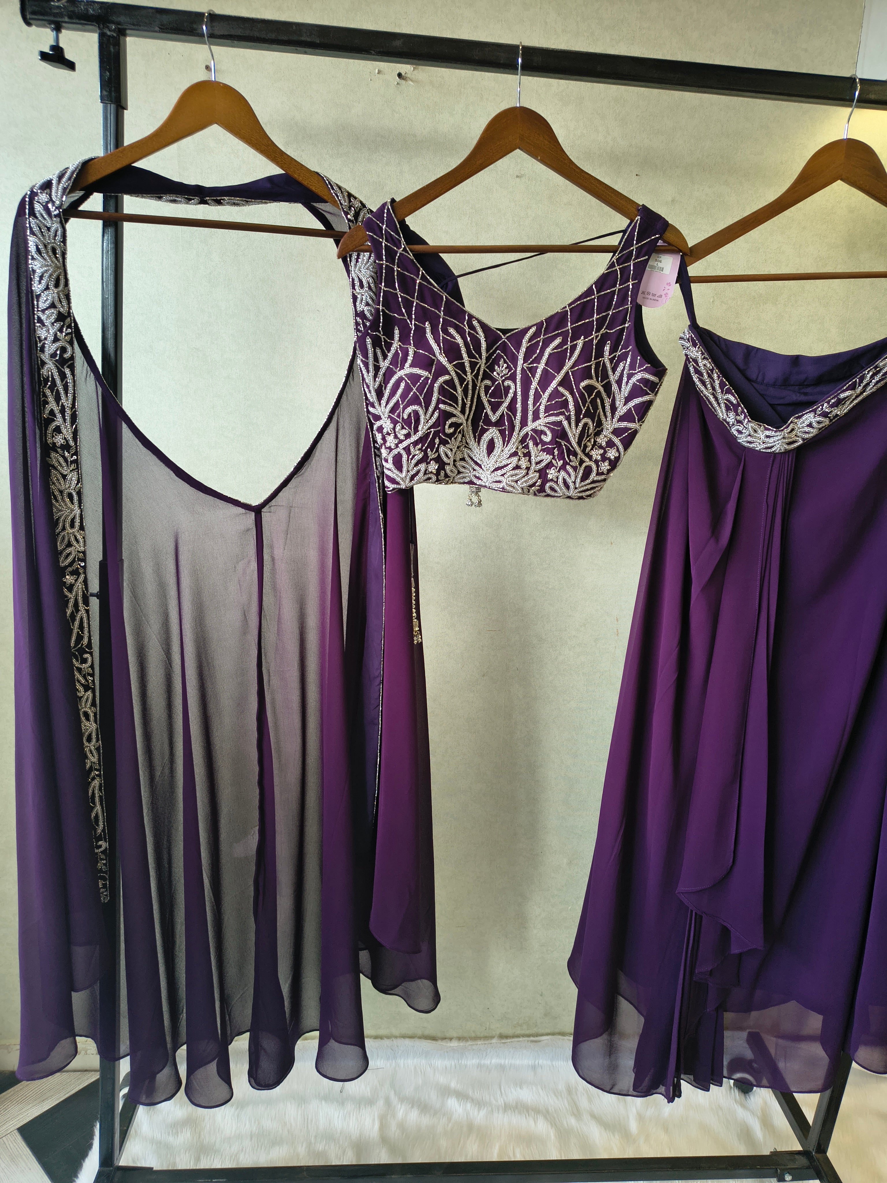 Image of Royal Purple Embroidered Designer Blouse with Drape Palazzo & Embroidered Cape – 3 Piece Indo-Western Party Wear Set