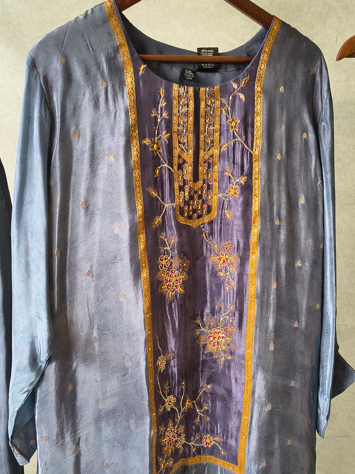 Steel Blue Designer Silk Blend Embroidered Kurta Set with Pants & Dupatta