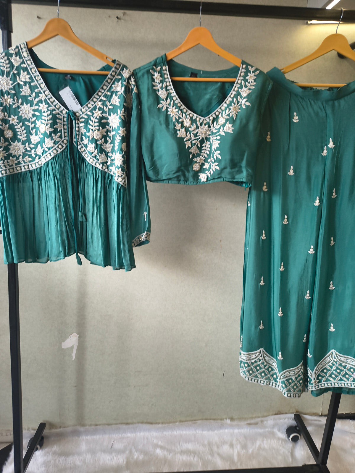 Emerald Green Embroidered Peplum Jacket with Blouse & Flared Palazzo – Designer 3 Piece Indo-Western Set