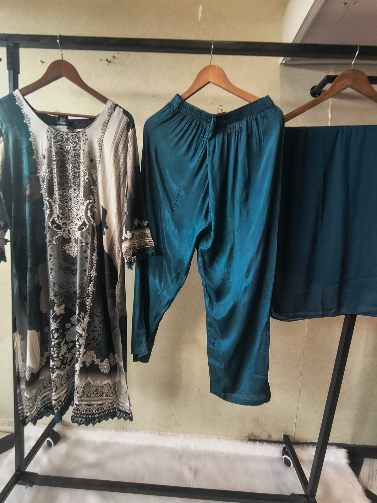 Premium Teal Blue Digital Printed Kurta Set with Solid Pants & Chiffon Dupatta