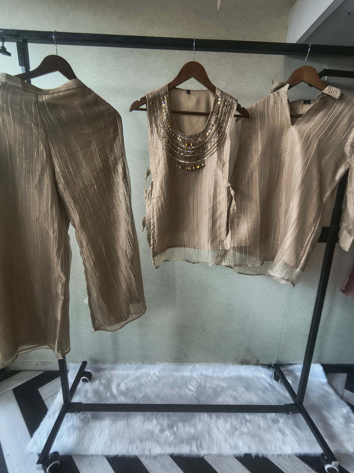 Premium Champagne Tissue Silk 3-Piece Co-Ord Set with Statement Hand Embellished Jacket, Inner & Palazzo