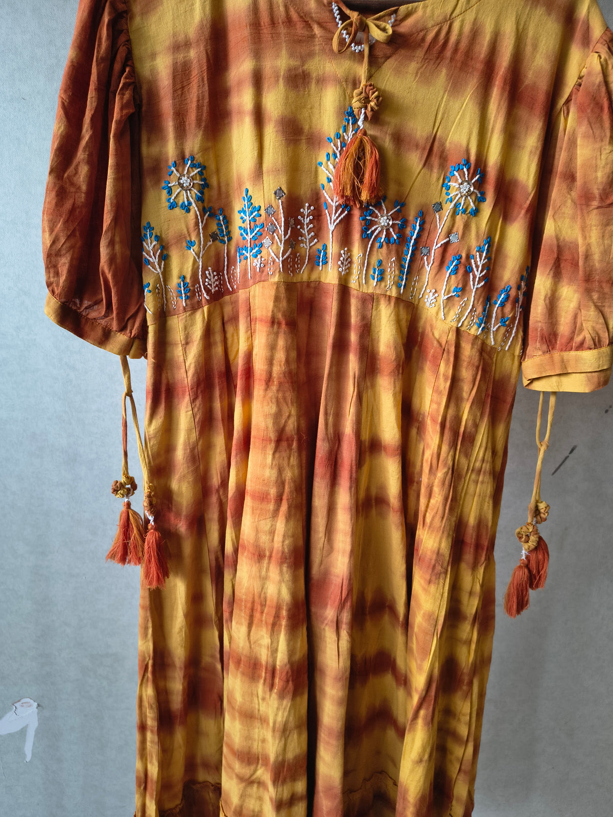 Premium Mustard Tie-Dye Embroidered Cotton Flared Dress