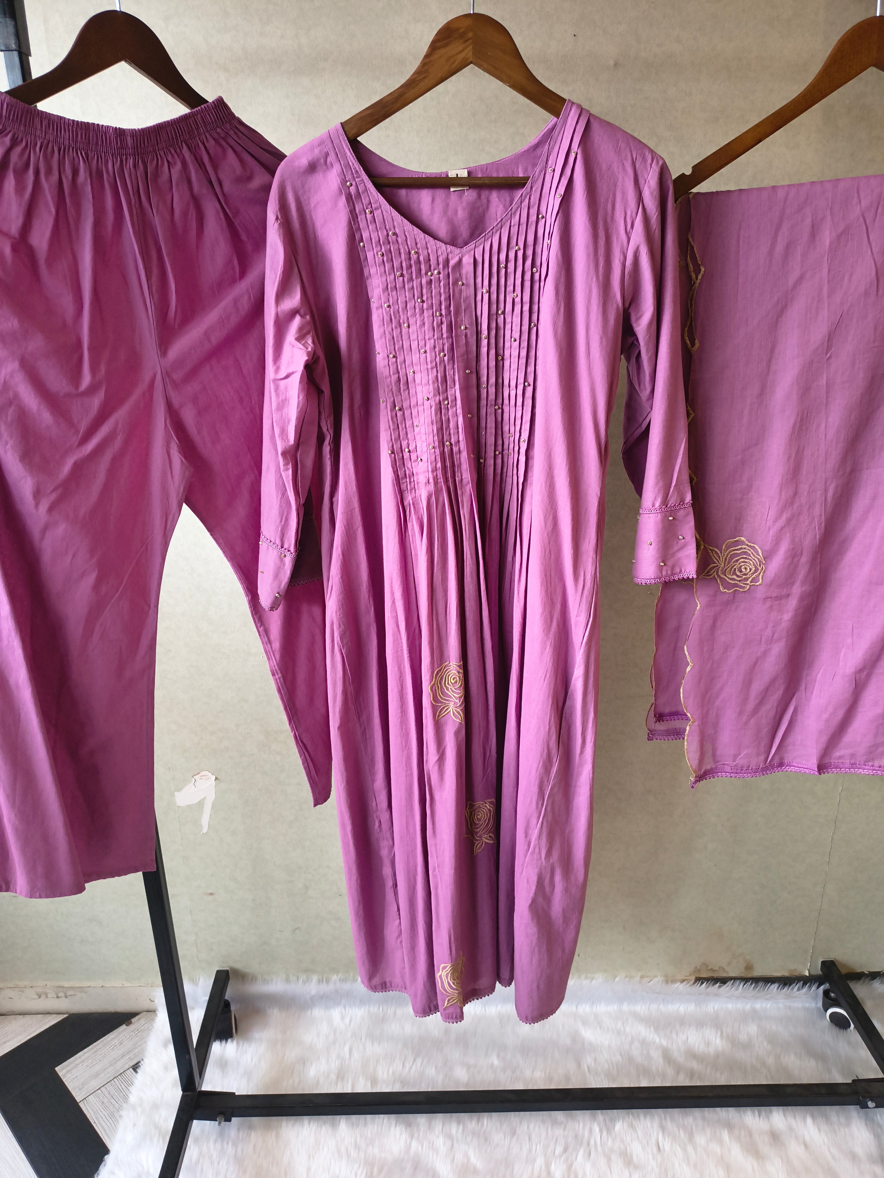 Image of Dusty Mauve Cotton Blend 3-Piece Suit Set with Pintuck Detailing & Delicate Floral Embroidery