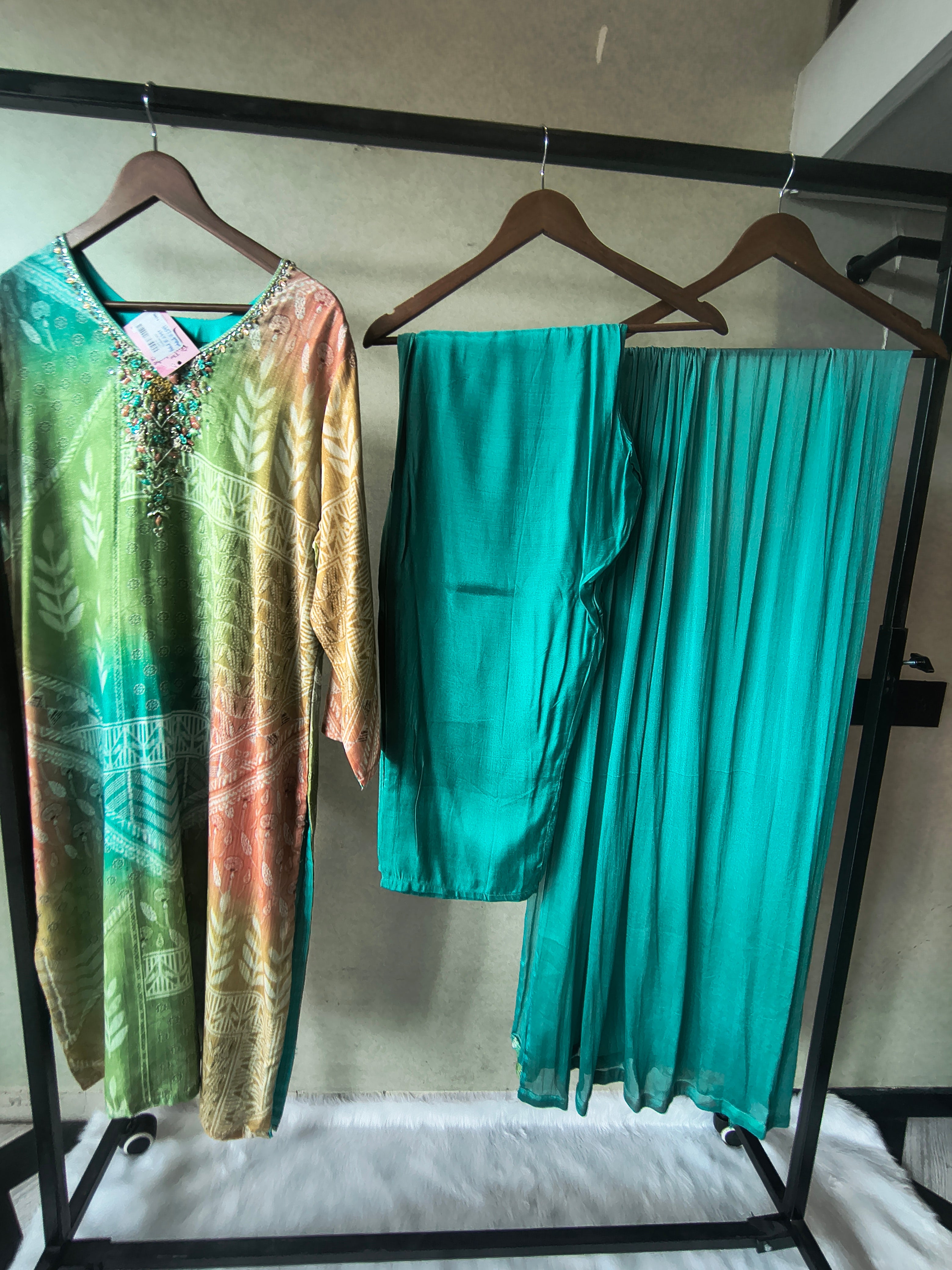 Image of Premium Aqua Ombre Printed Kurta Set with Hand-Embellished Neckline, Solid Pants & Chiffon Dupatta