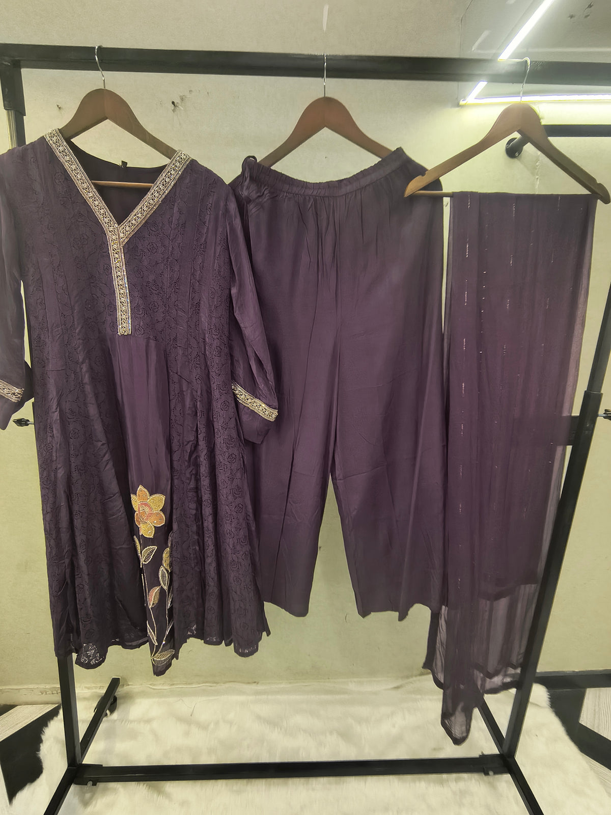 Royal Purple Designer Lace Panel Anarkali Kurta Set with Floral Embroidery & Sheer Dupatta | Premium 3 Piece Festive Ensemble