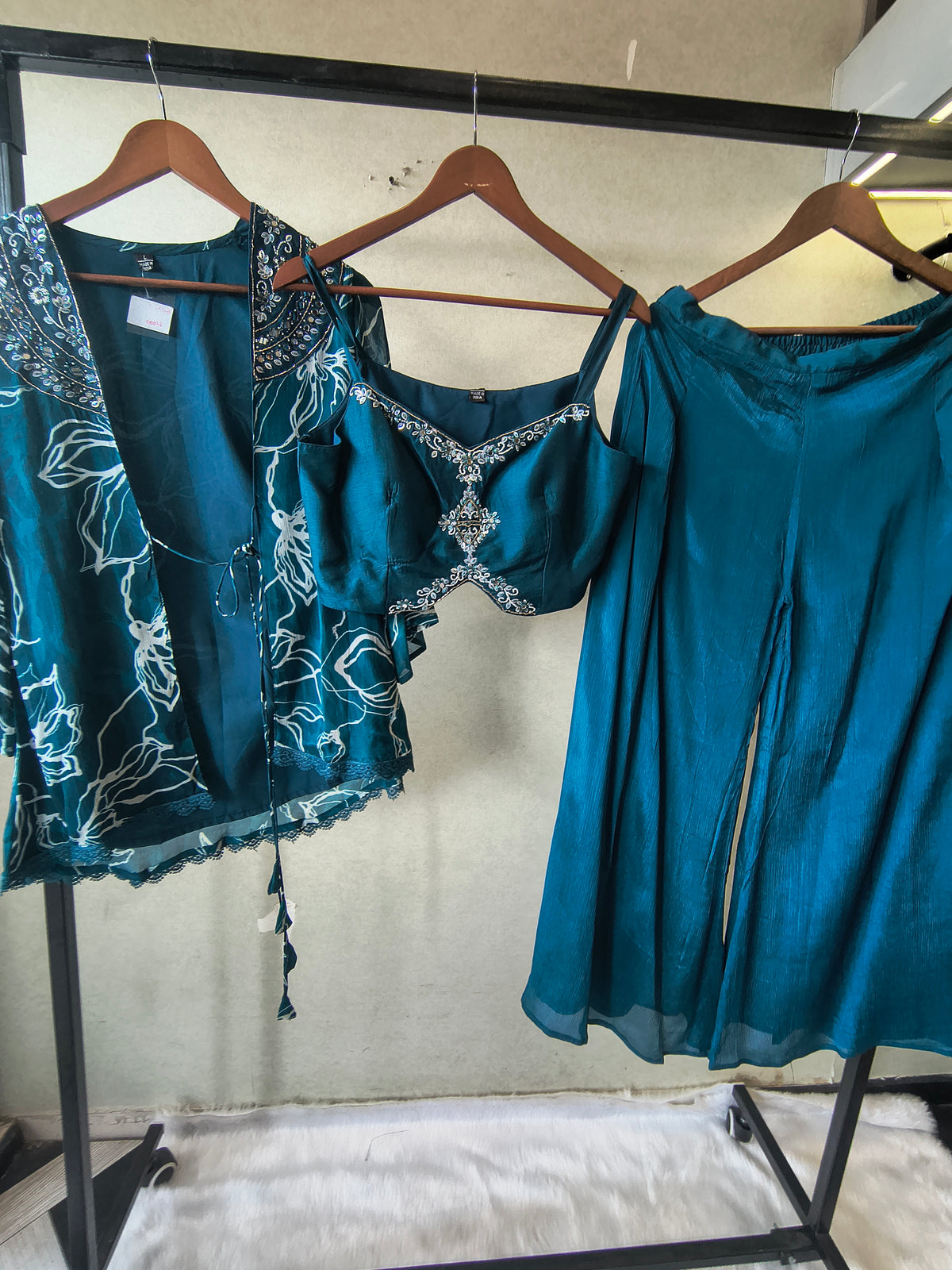 Teal Printed Shrug with Embroidered Designer Bralette & Flared Palazzo – 3 Piece Indo-Western Co-Ord Set