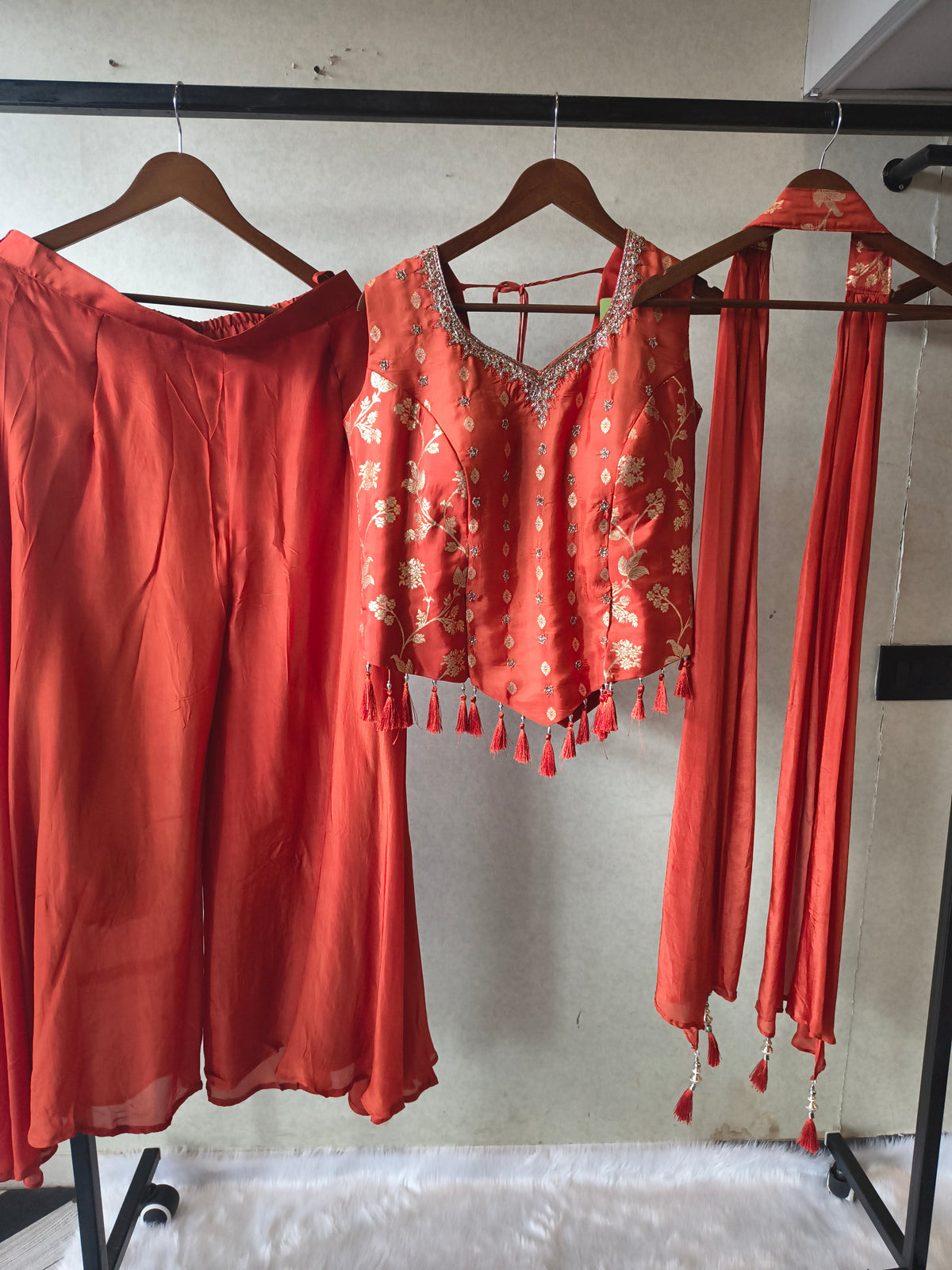 Premium Rust Orange 3-Piece Designer Lehenga Set with Zari Embroidered Peplum Blouse & Tassel Dupatta