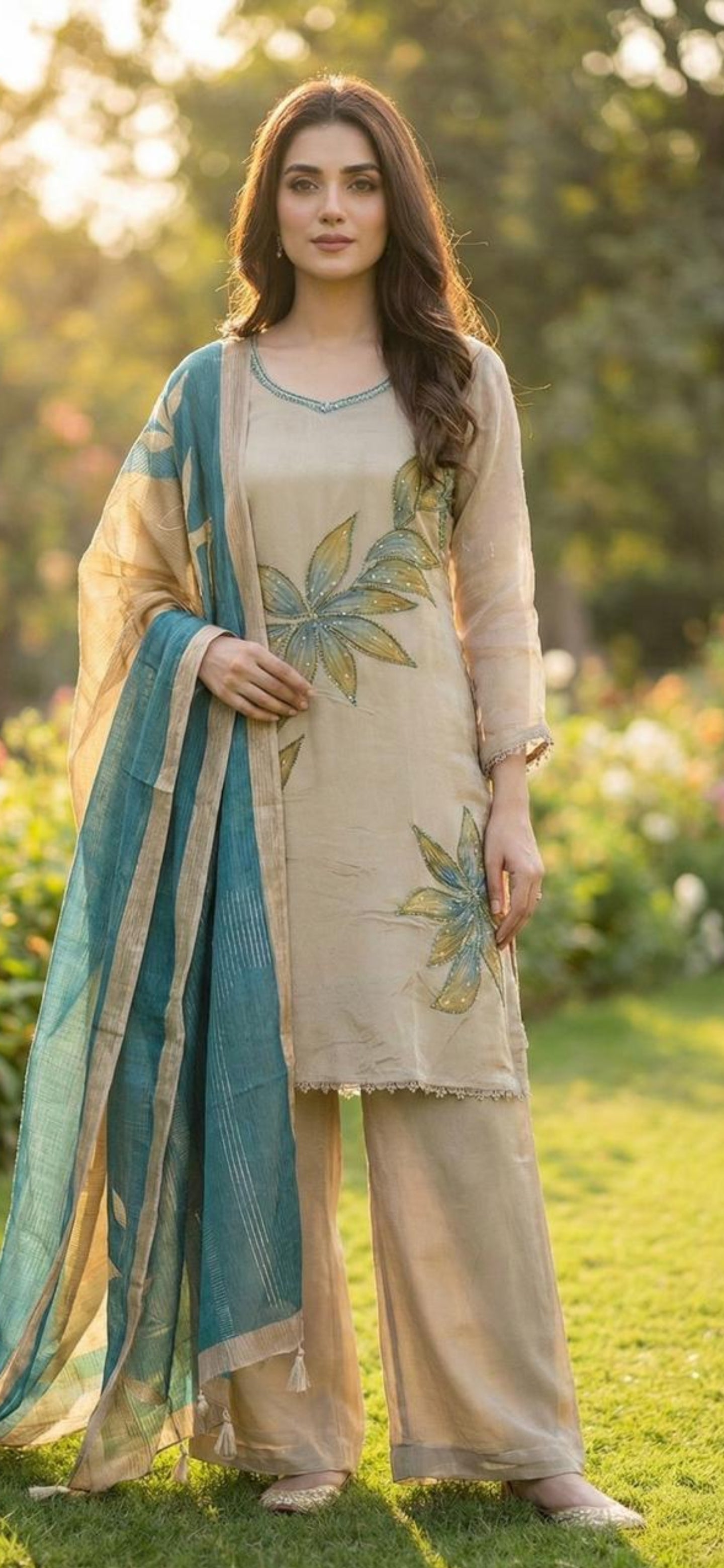 Image of Pastel Pure Silk 3 Piece Kurti Set with Hand work