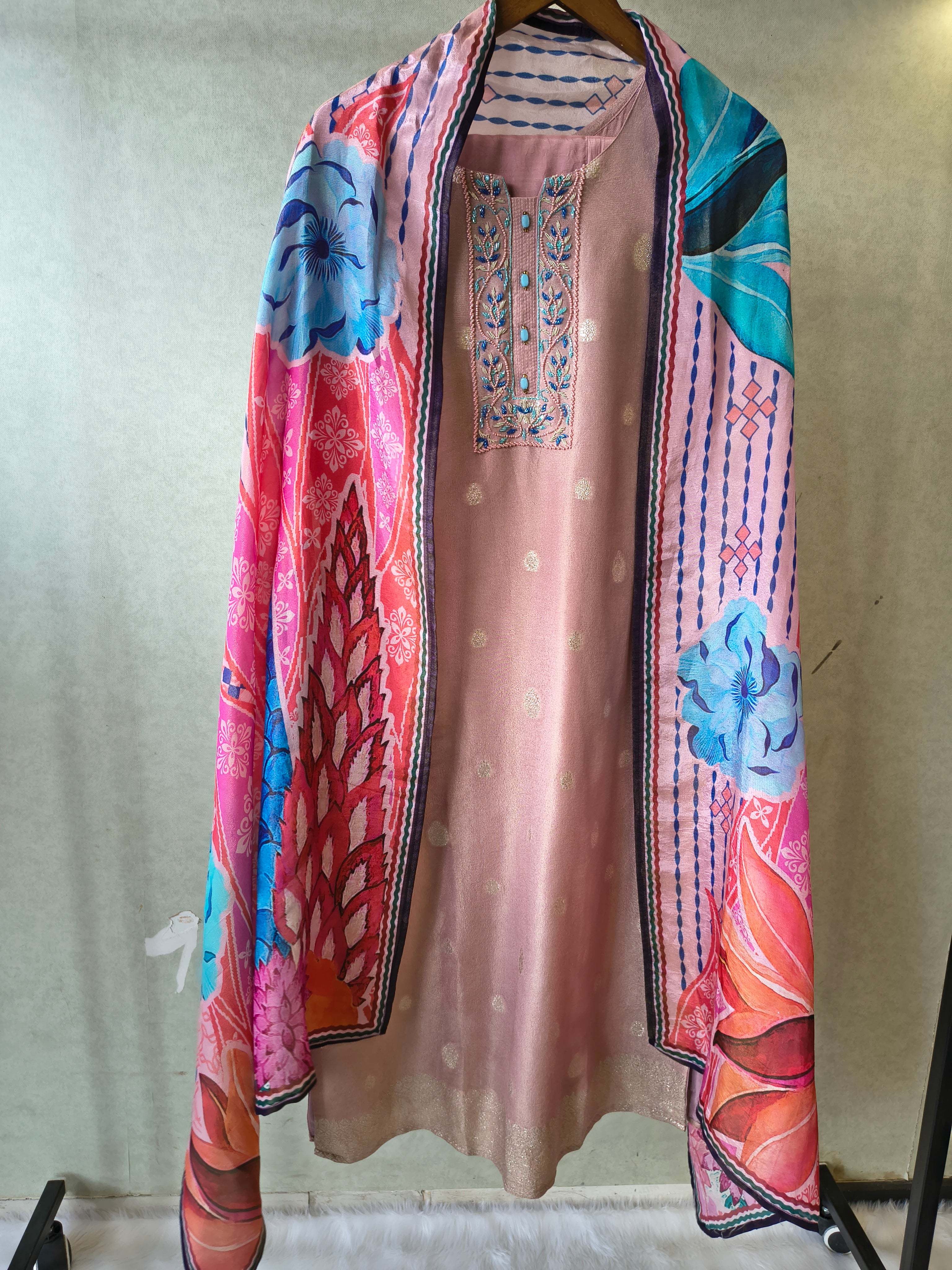 Image of Premium Blush Pink Embroidered Straight Kurta with Cigarette Pants & Designer Printed Dupatta Set