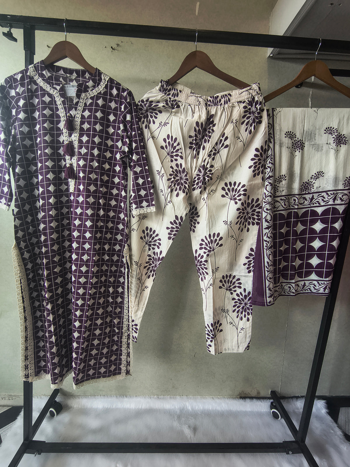 Premium Plum Geometric Printed Cotton Kurta Set with Floral Printed Pants & Dupatta