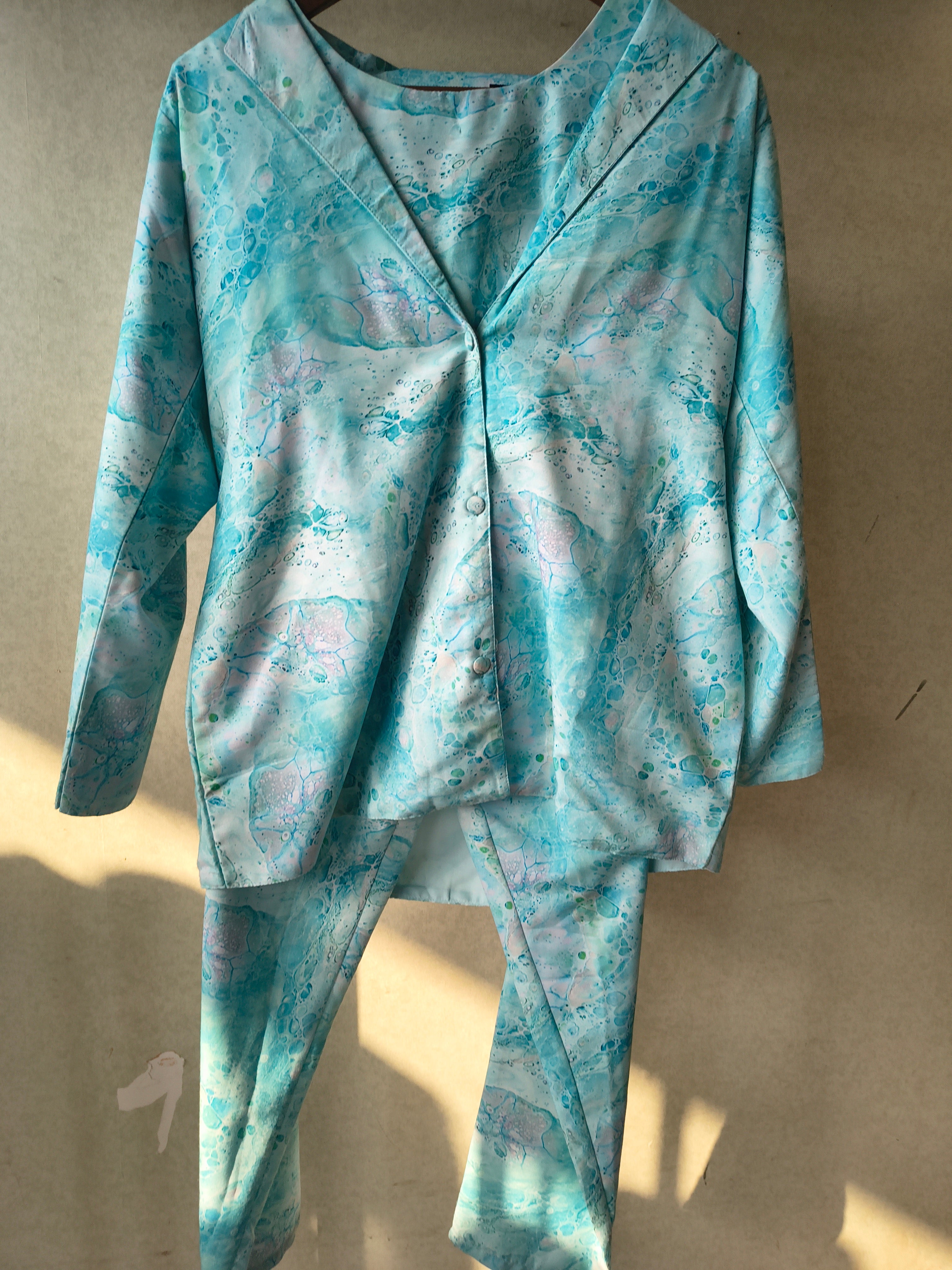 Image of Premium Aqua Marble Print Blazer, Crop Top & Straight Pants Co-Ord Set