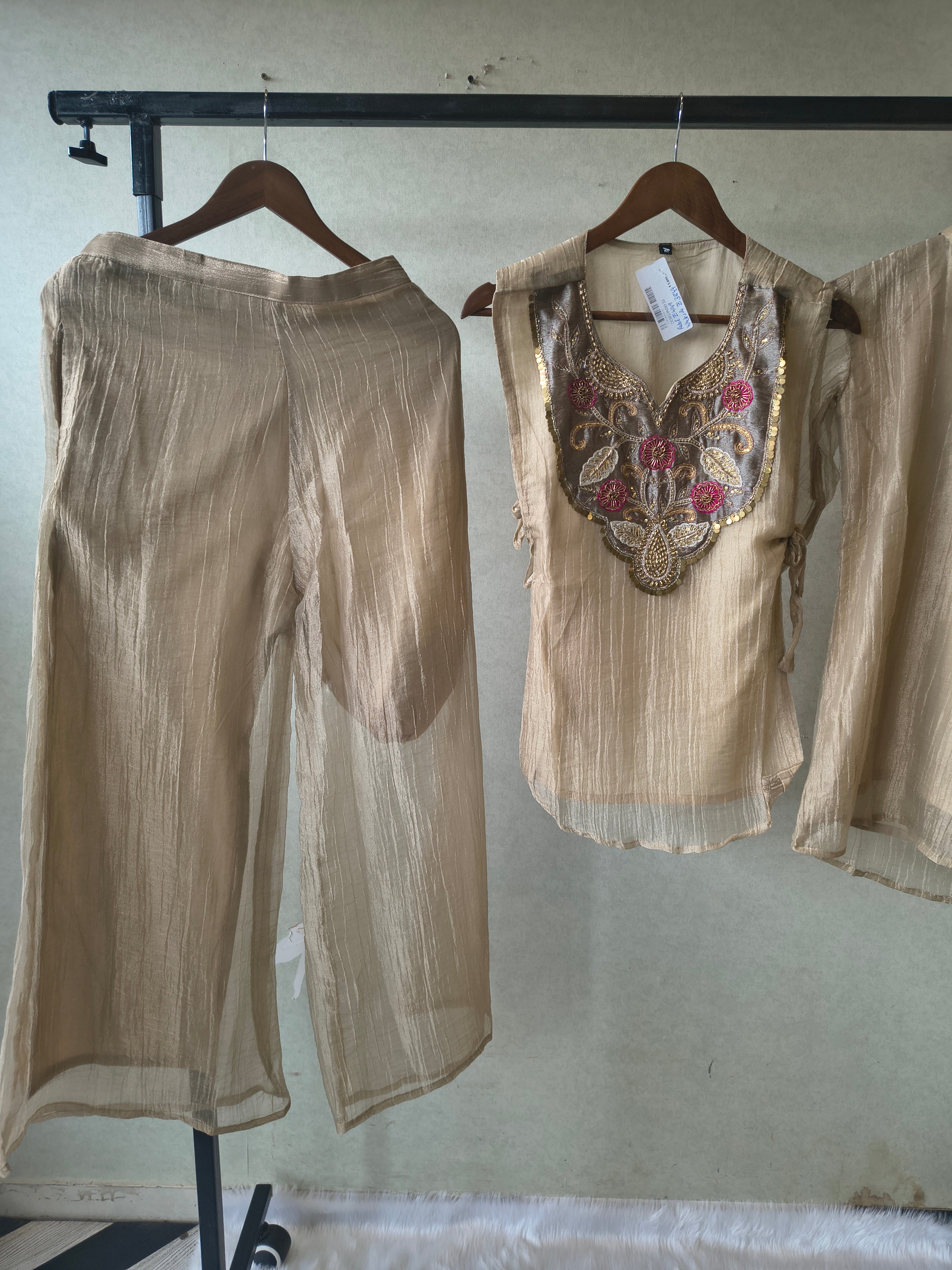 Image of Premium Champagne Tissue Silk Embroidered Kurta with Hand Embellished Statement Yoke