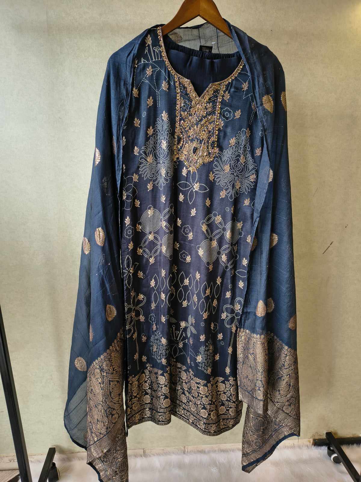 Premium Midnight Blue Zari Printed Kurta Set with Banarasi Dupatta