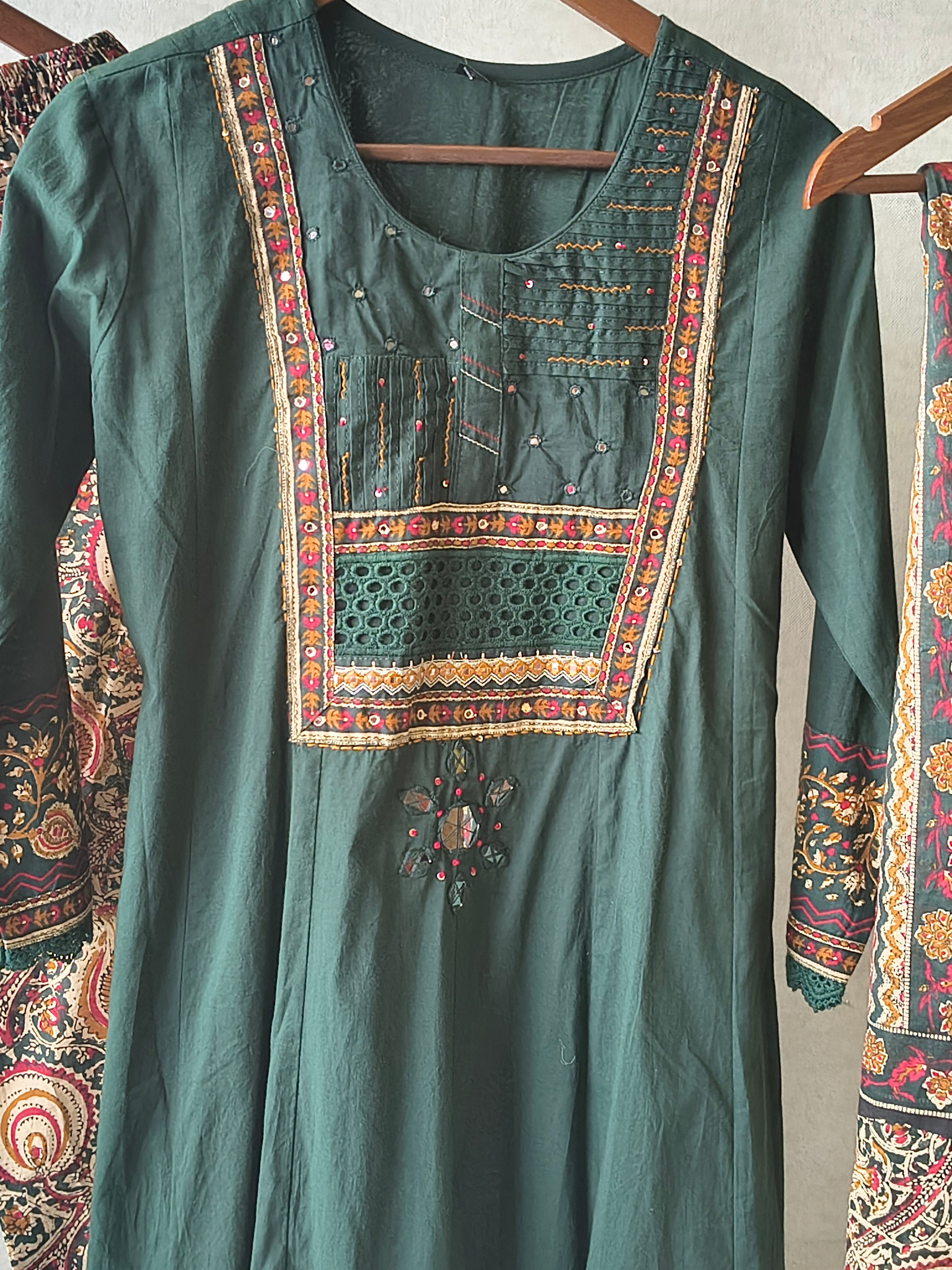 Image of Emerald Green Embroidered Three-Piece Kurta Set with Printed Pant & Designer Dupatta