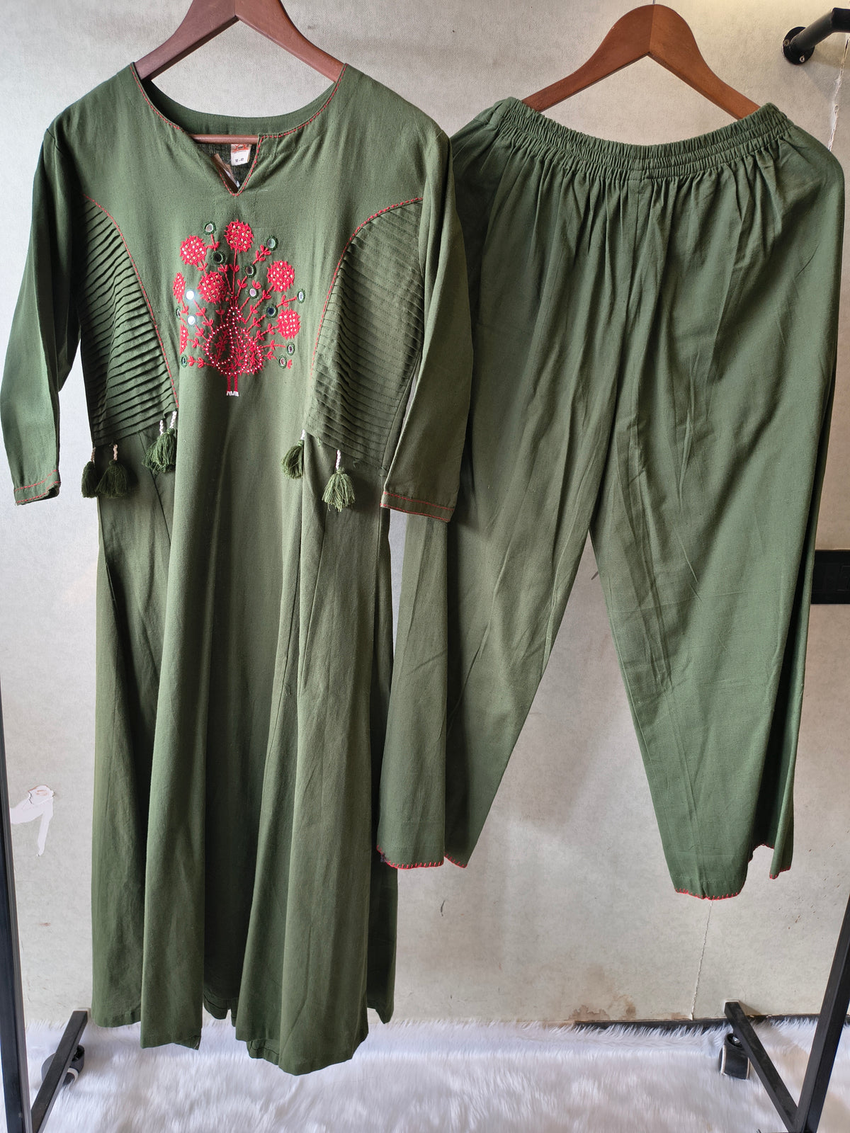 Tadko Olive Green Embroidered Cotton Kurta & Pant Co-Ord Set