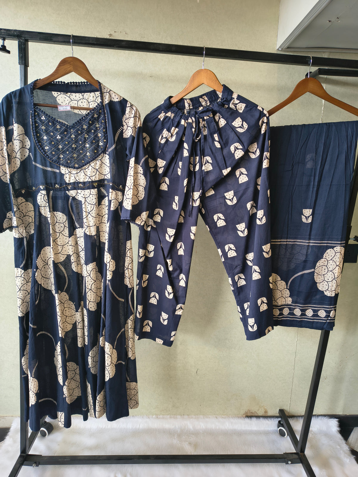 Premium Navy Blue Handblock Printed Cotton Anarkali Suit Set with Printed Pants & Dupatta