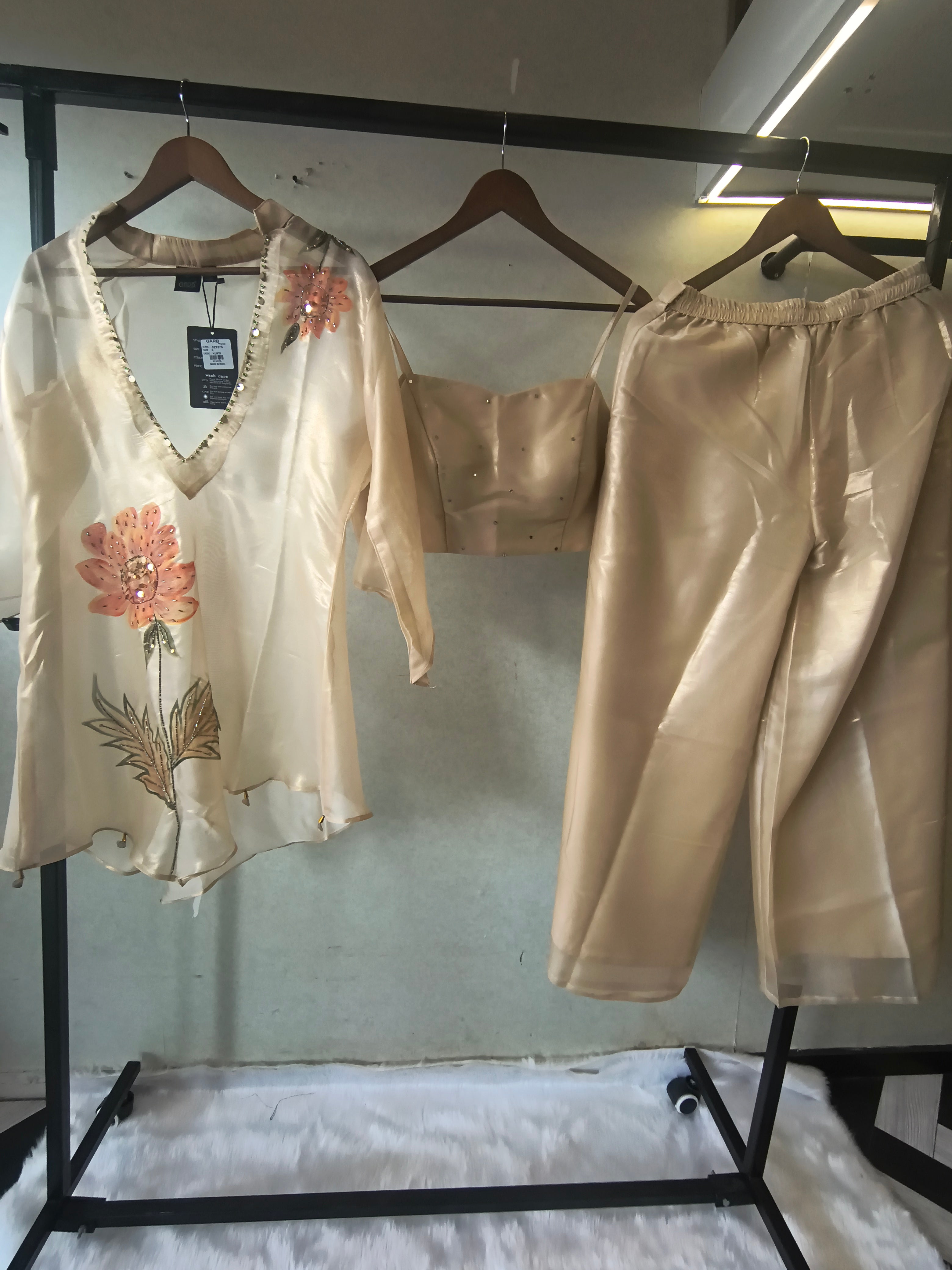 Image of Champagne Gold Floral Hand-Painted Kaftan Co-ord Set with Embellished Blouse & Satin Palazzo