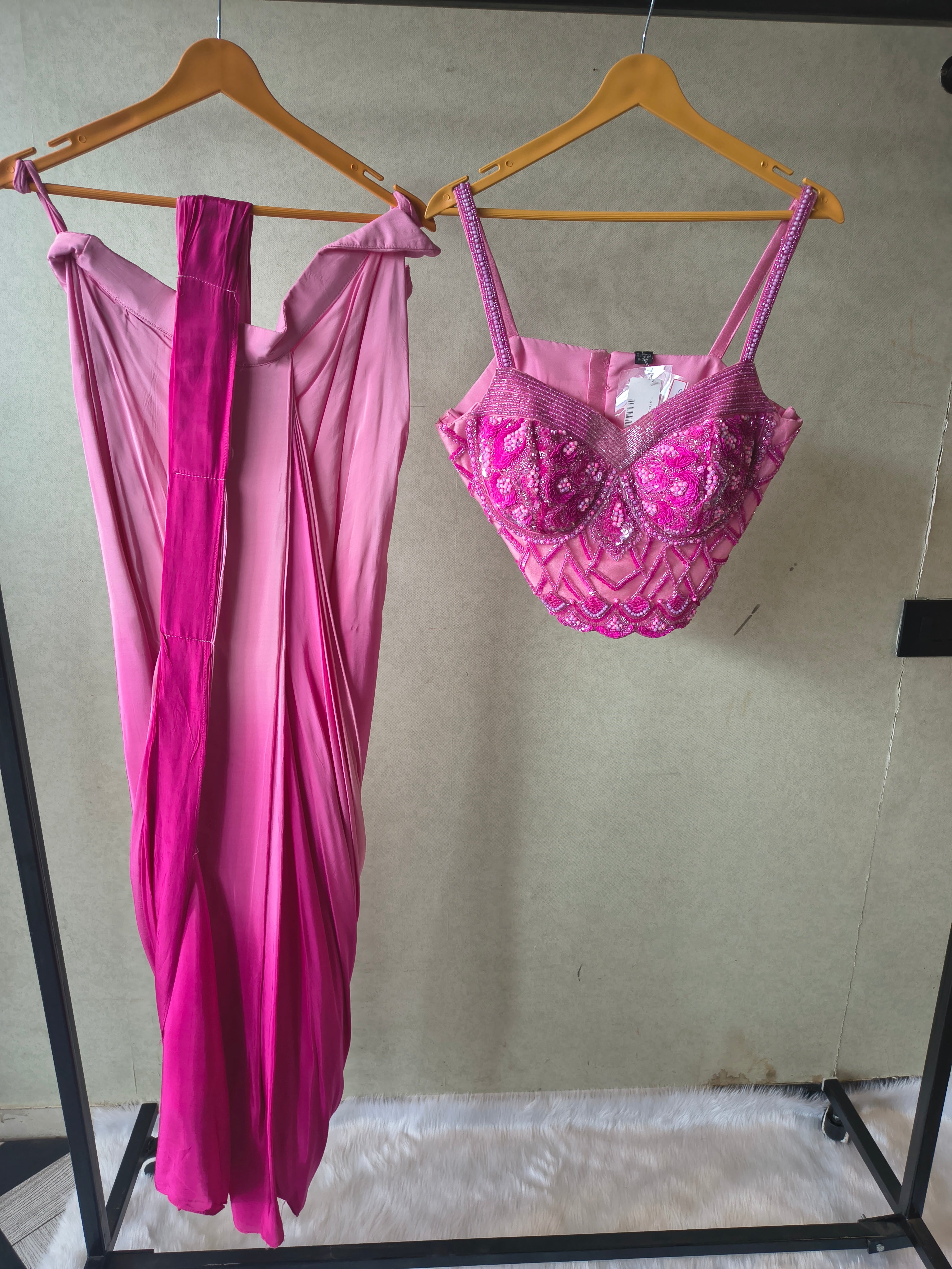 Image of Premium Ombre Pink Satin Saree with Hand Embroidered Designer Blouse