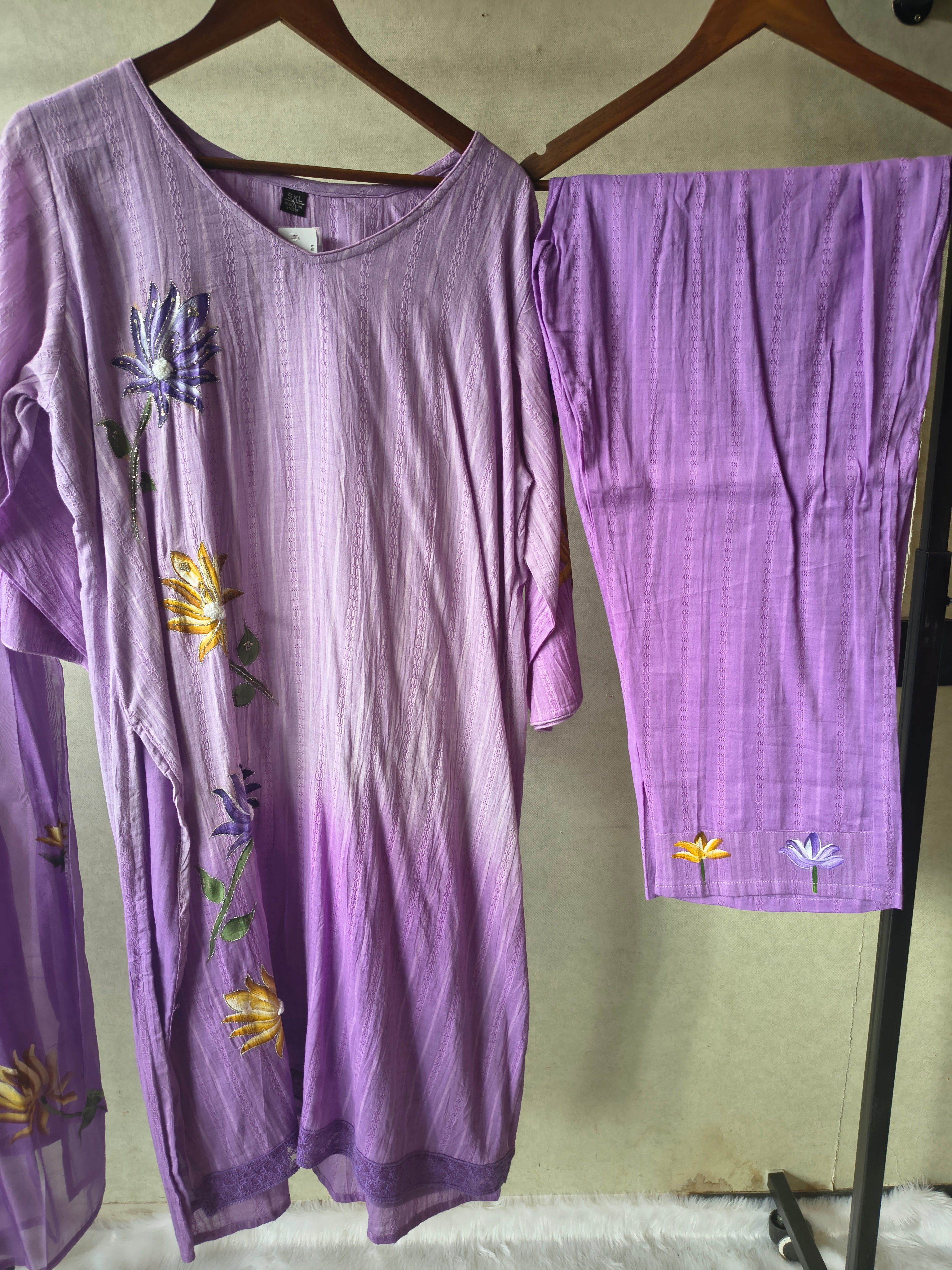 Image of Premium Lavender Embroidered Straight Kurta Set with Floral Dupatta & Straight Pants
