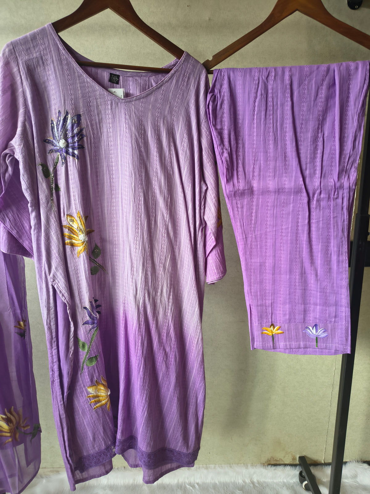 Premium Lavender Embroidered Straight Kurta Set with Floral Dupatta & Straight Pants