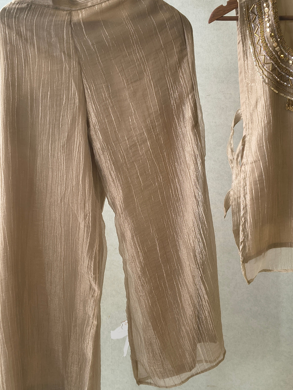 Premium Champagne Tissue Silk 3-Piece Co-Ord Set with Statement Hand Embellished Jacket, Inner & Palazzo