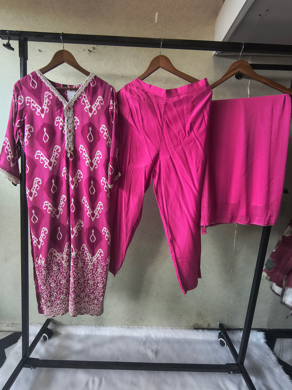 Premium Magenta Ikat Printed Cotton Kurta Set with Solid Pants & Dupatta