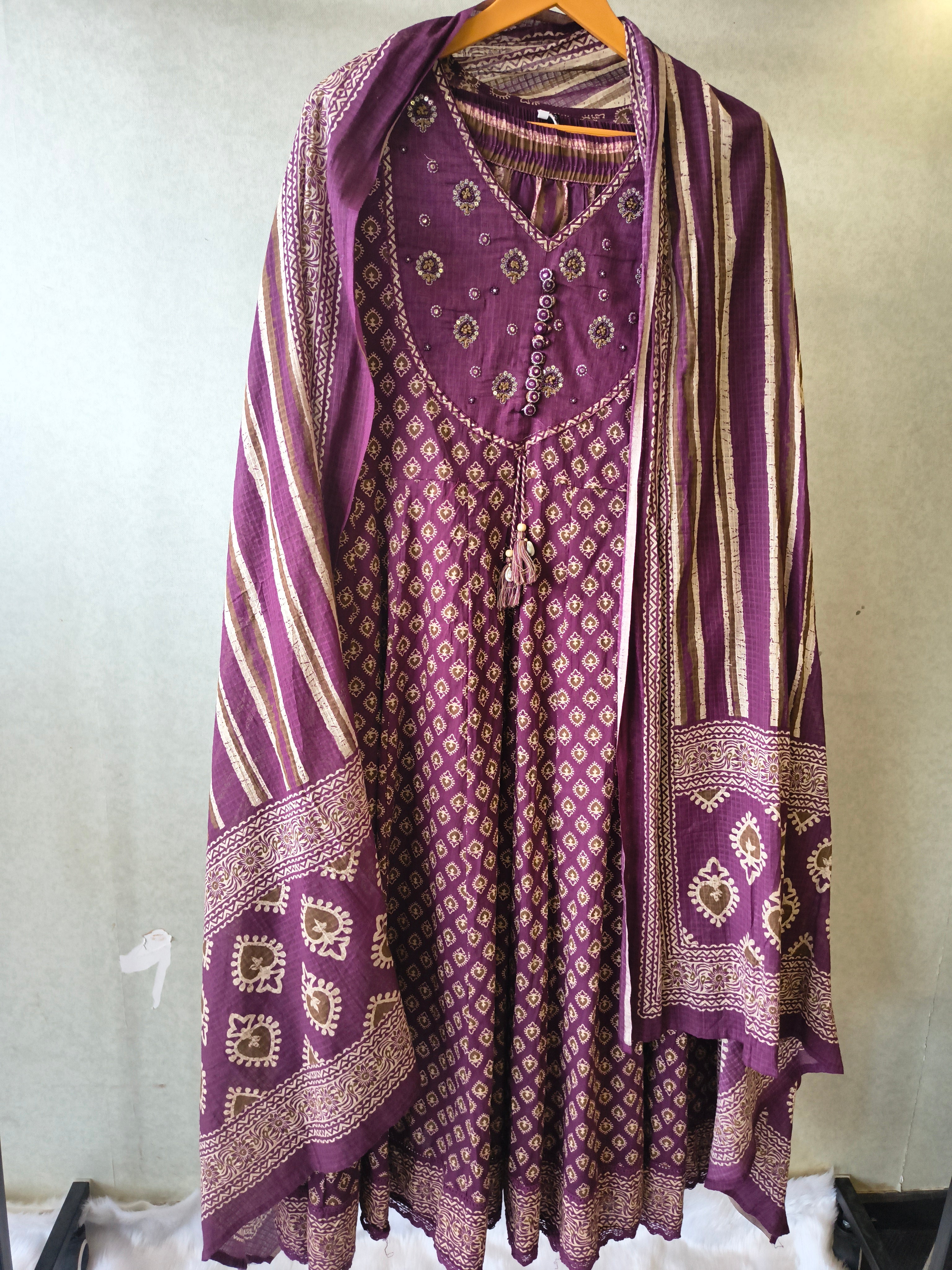 Image of Plum Printed Cotton Anarkali Suit Set with Striped Pants & Dupatta