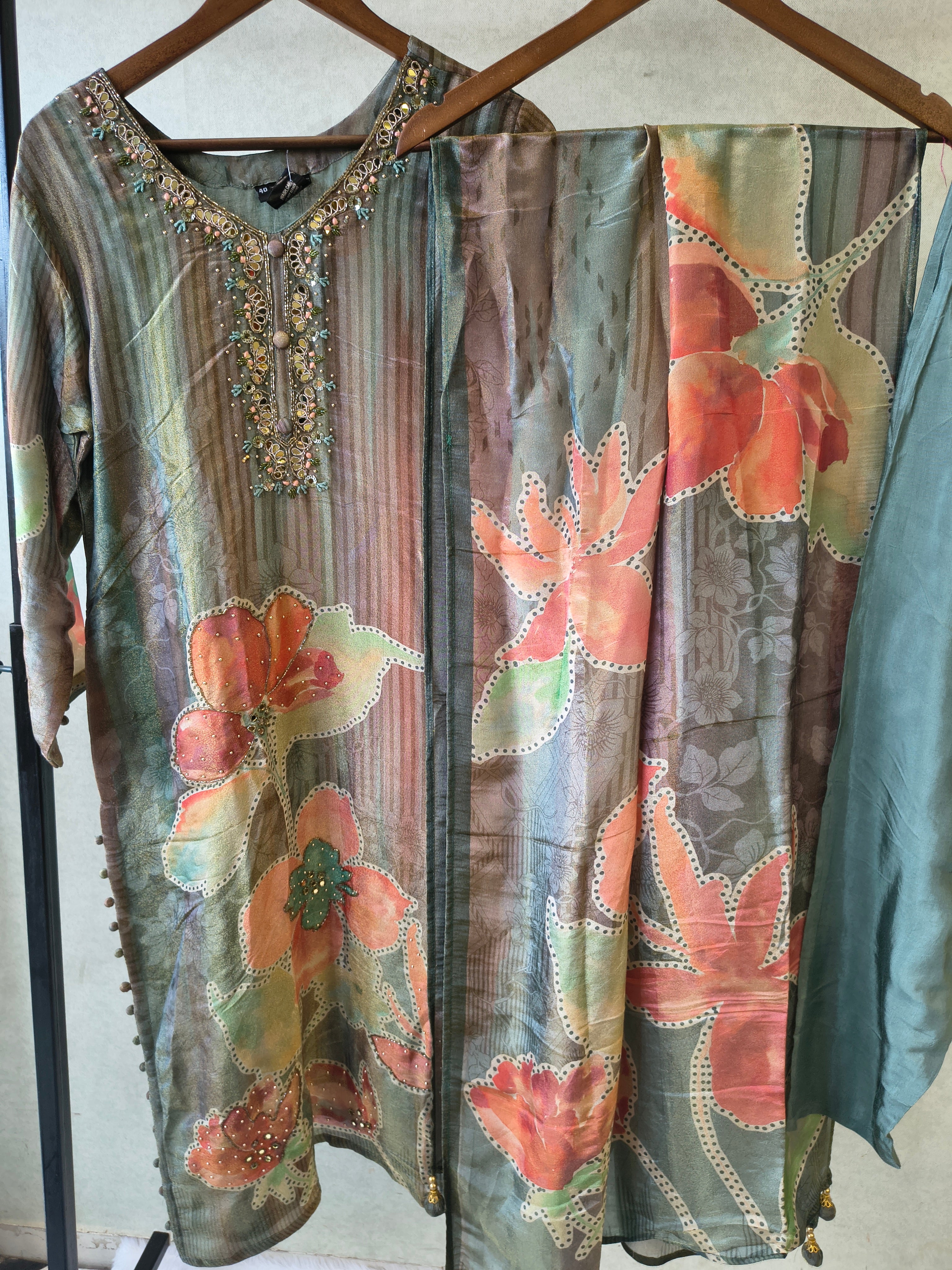 Image of Sage Green Floral Printed Designer Kurta Set with Embellished Neck & Printed Dupatta | Premium 3 Piece Ethnic Suit