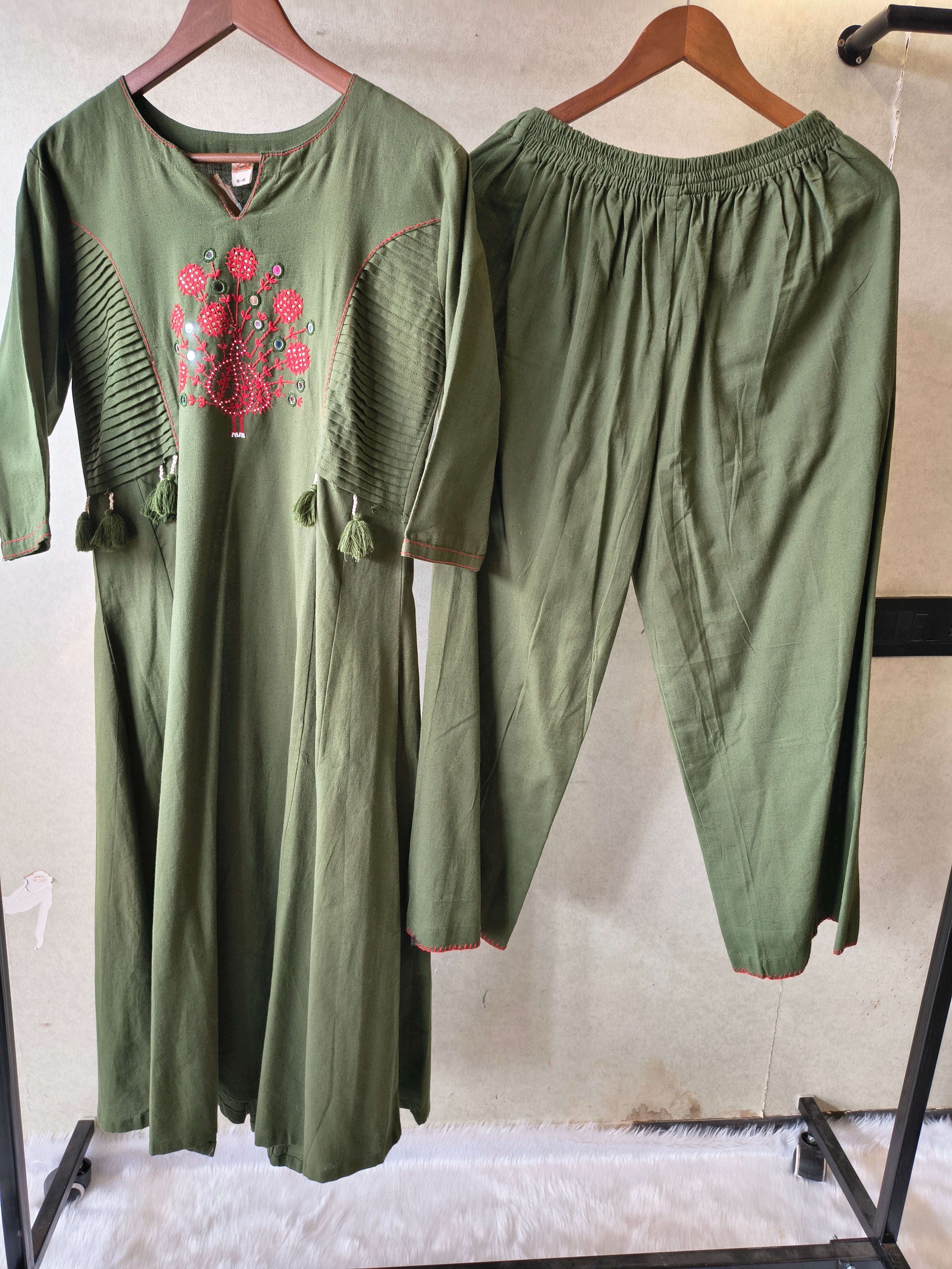 Image of Tadko Olive Green Embroidered Cotton Kurta & Pant Co-Ord Set