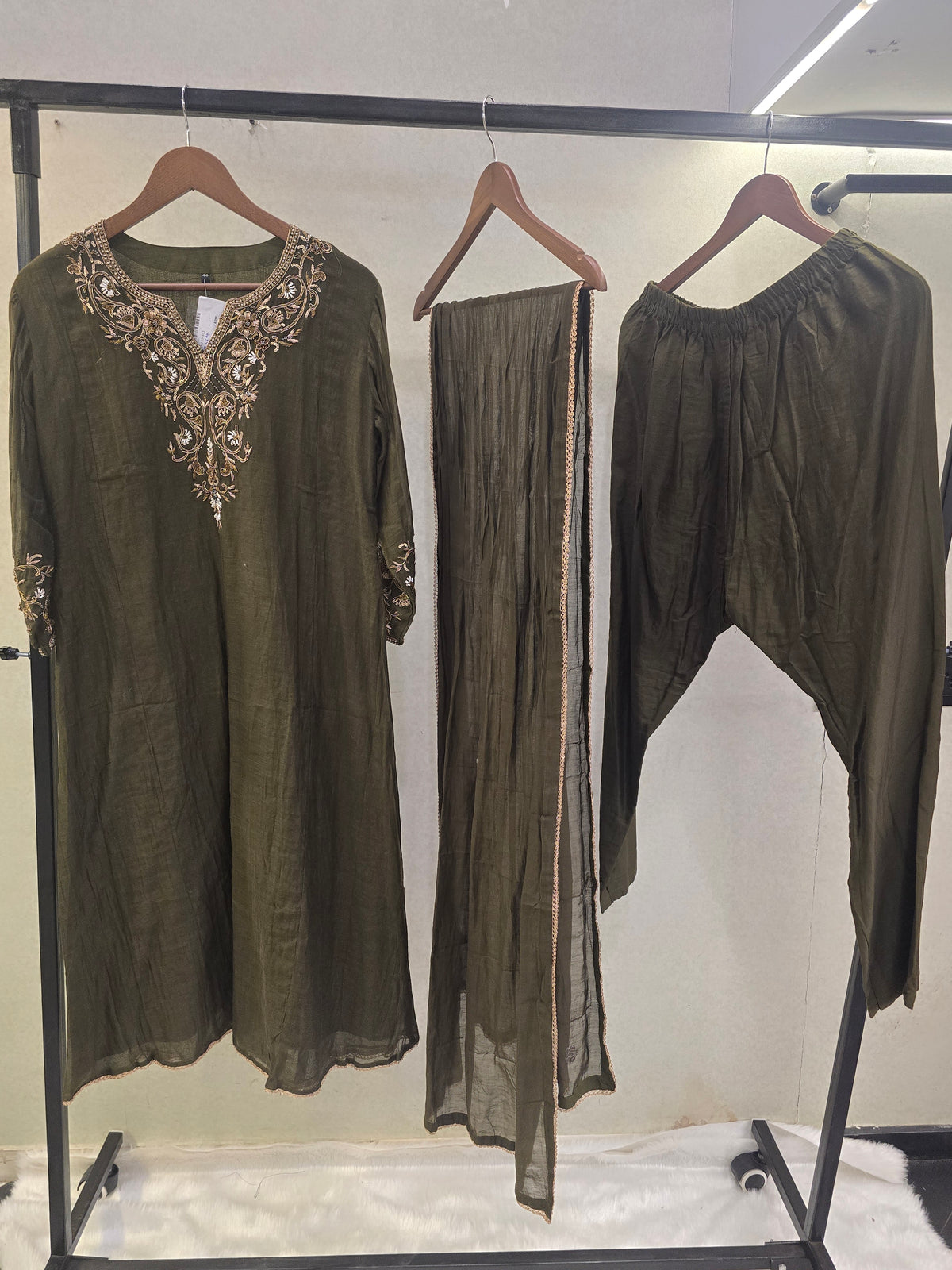 Olive Green Designer Embroidered Kurta Set with Chiffon Dupatta | Premium 3 Piece Ethnic Suit