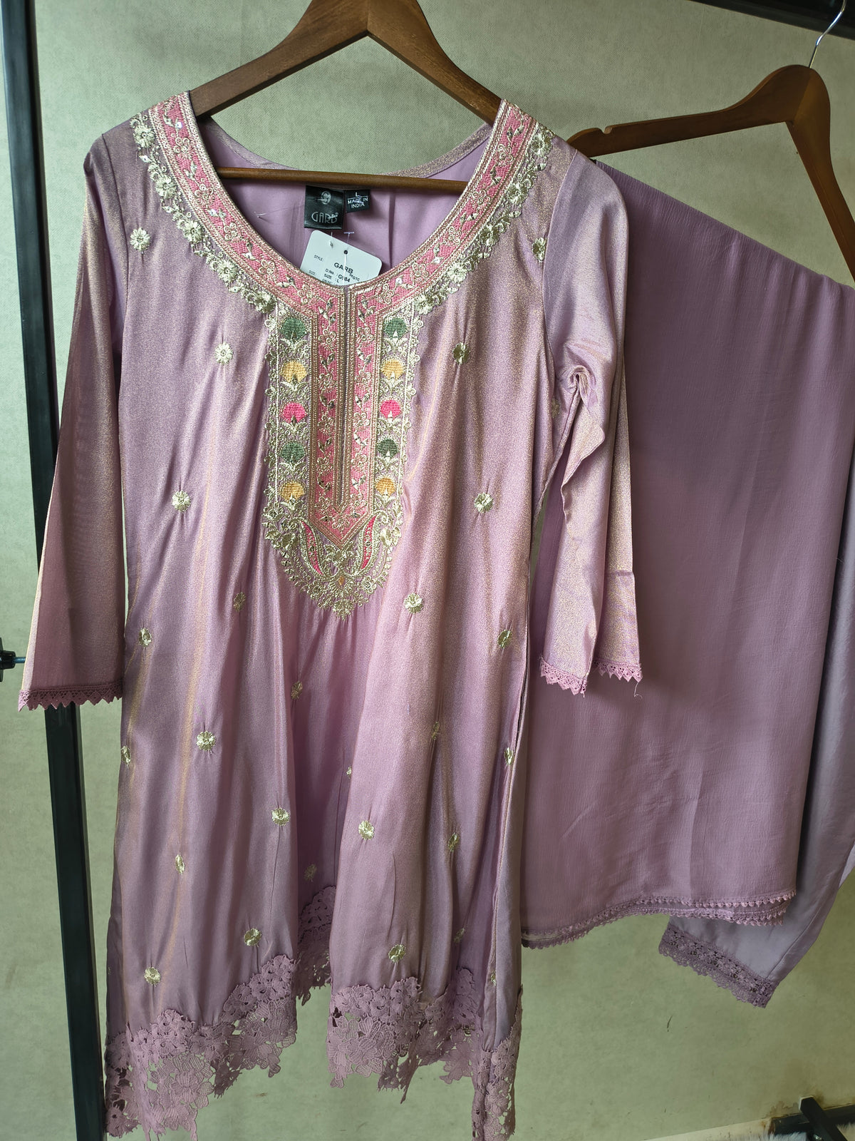 Premium Dusty Lilac Embroidered Kurta Set with Lace Hem & Dupatta