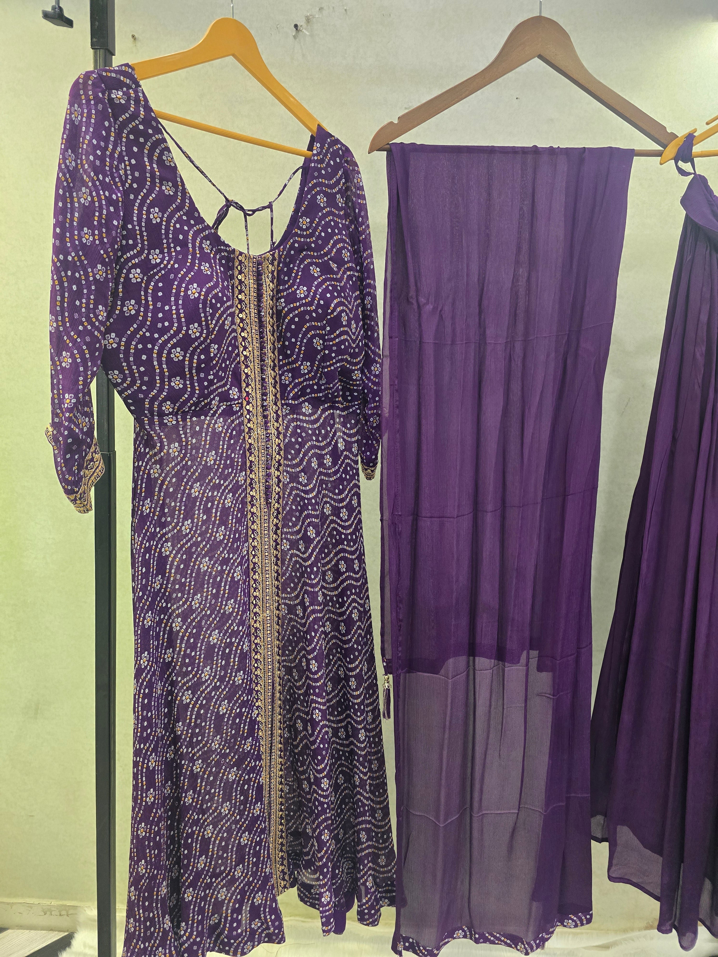 Image of Royal Purple Bandhani Print Anarkali Kurta Set with Embellished Front Panel & Flared Palazzo | Premium 3 Piece Festive Ensemble
