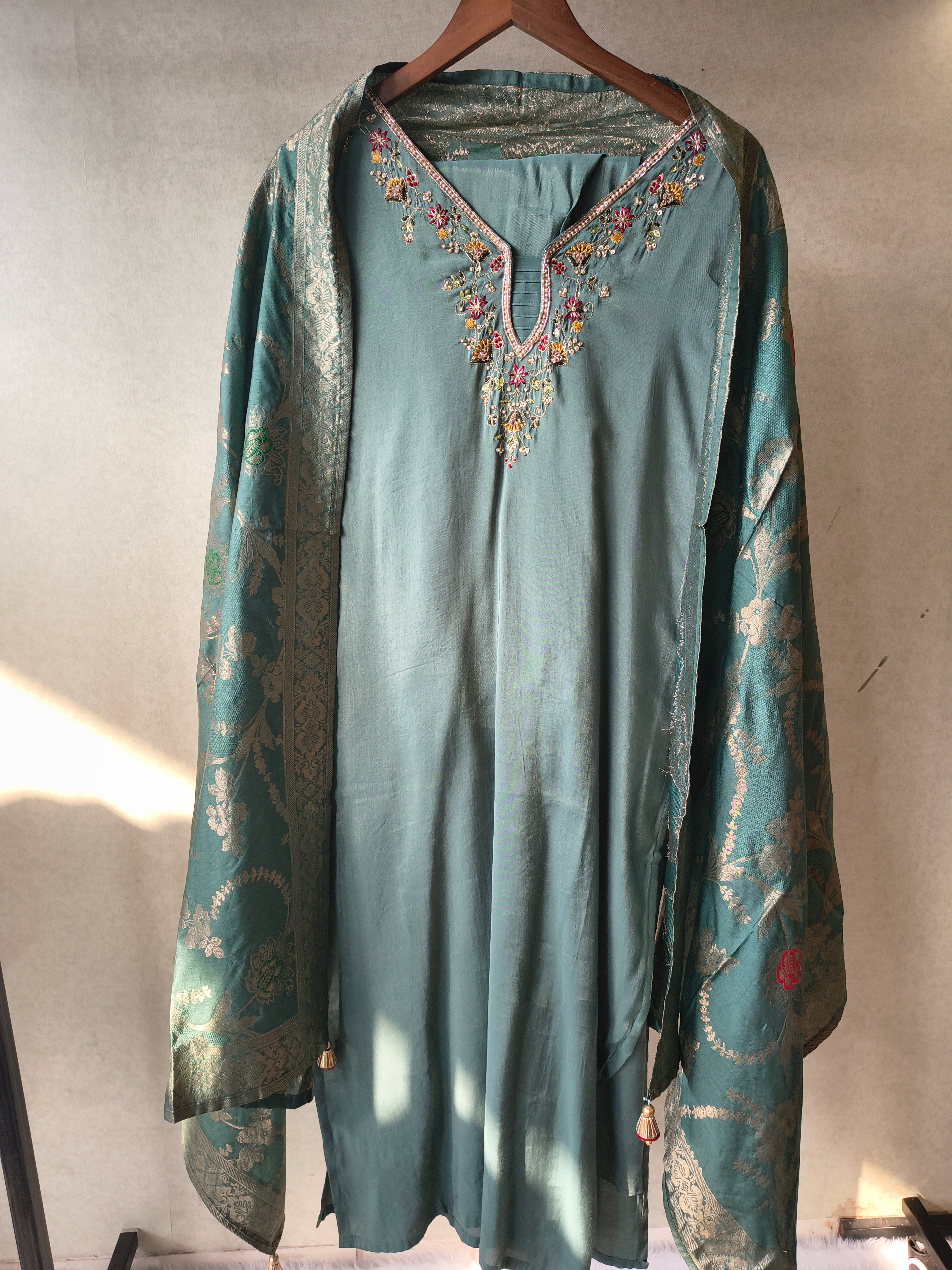Image of Premium Teal Silk Blend Embroidered Kurta Set with Woven Dupatta & Straight Pants