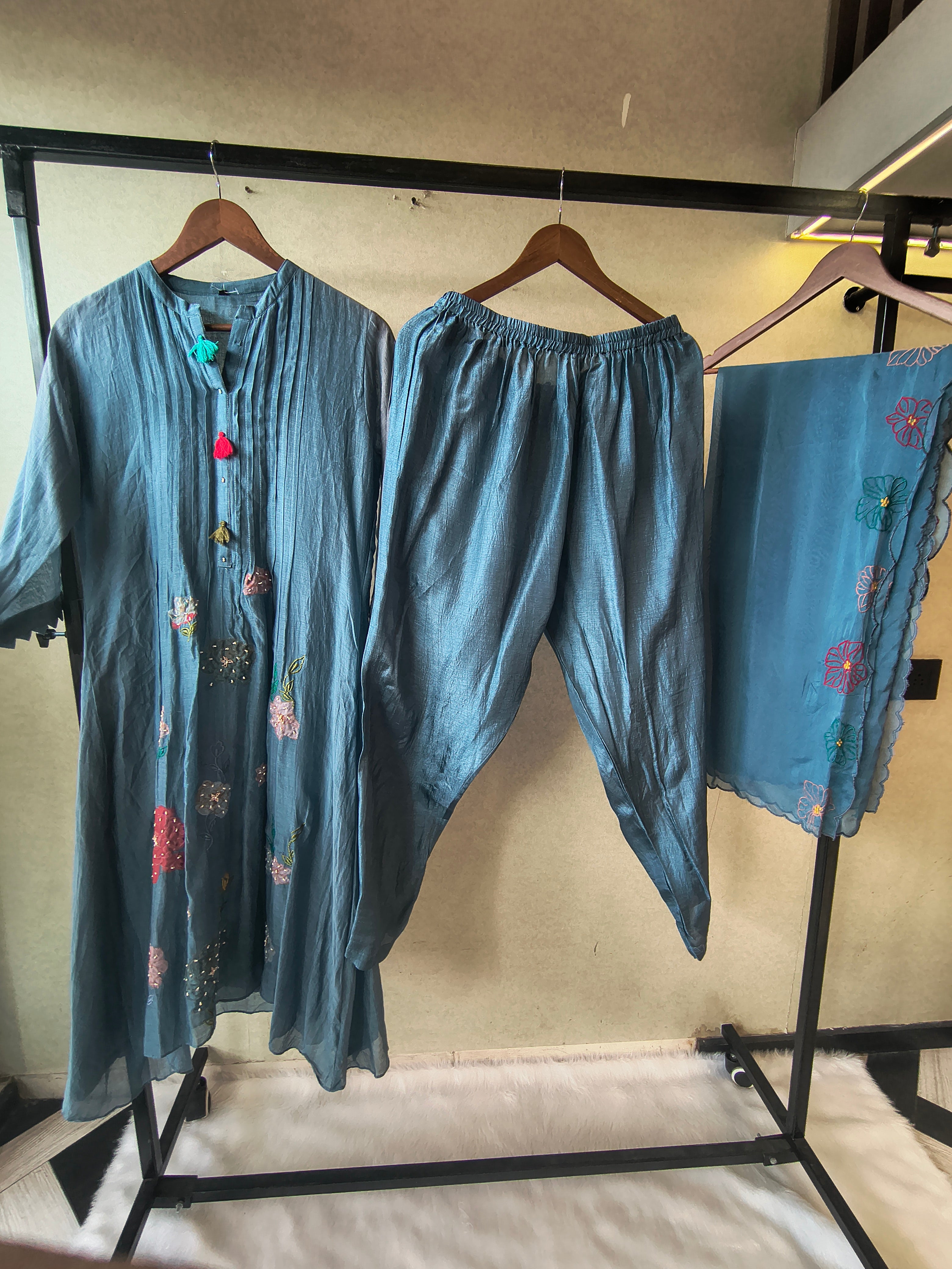 Image of Premium Steel Blue Embroidered Straight Kurta with Dhoti Pants & Embroidered Organza Dupatta Set