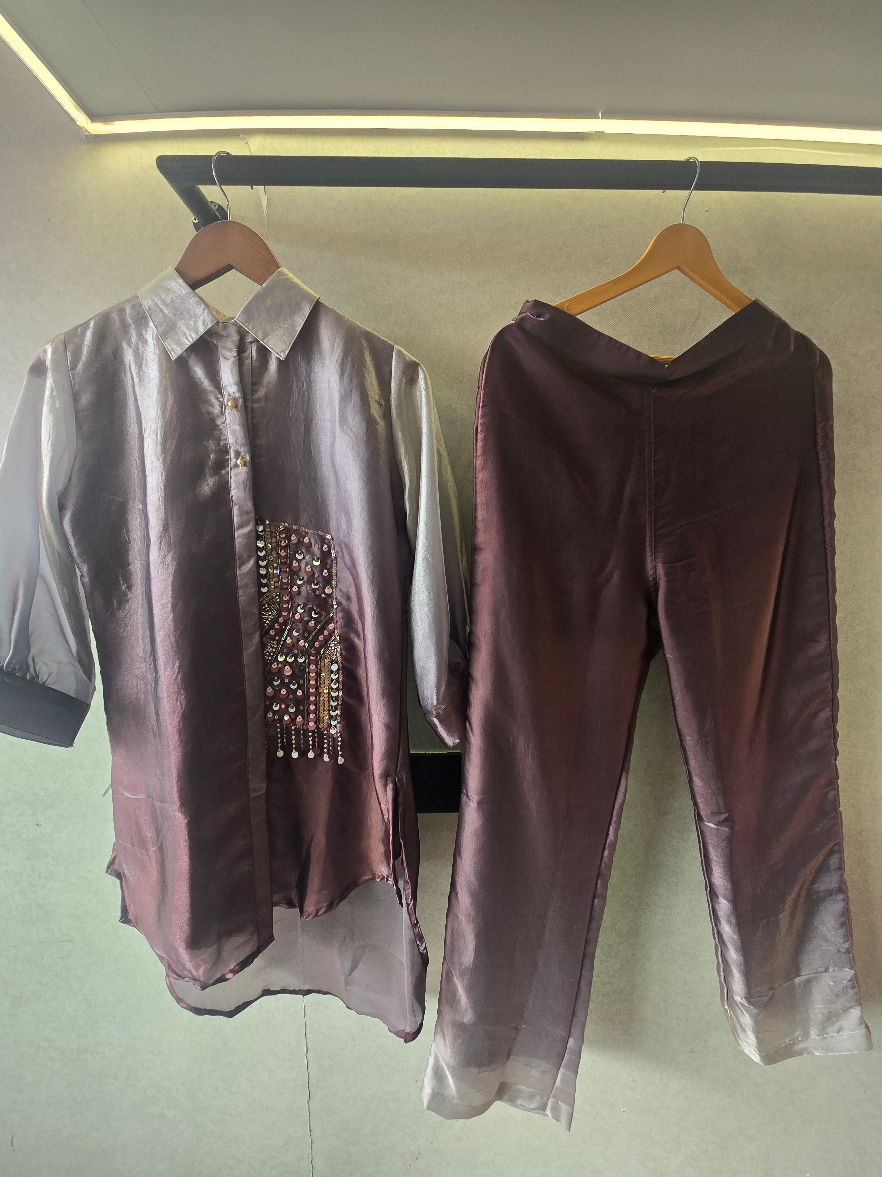 Image of Metallic Ombre Satin Embellished Co-Ord Set