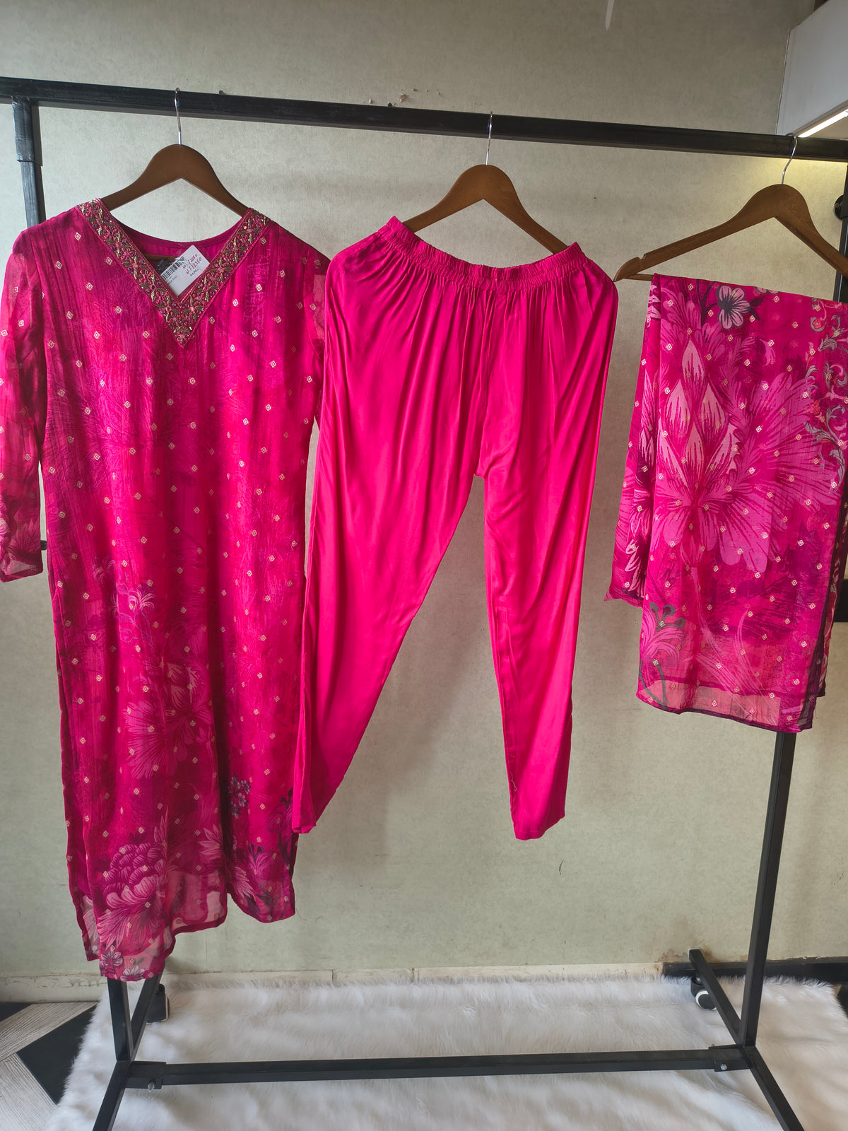 Premium Fuchsia Floral Printed Straight Kurta with Cigarette Pants & Dupatta Set