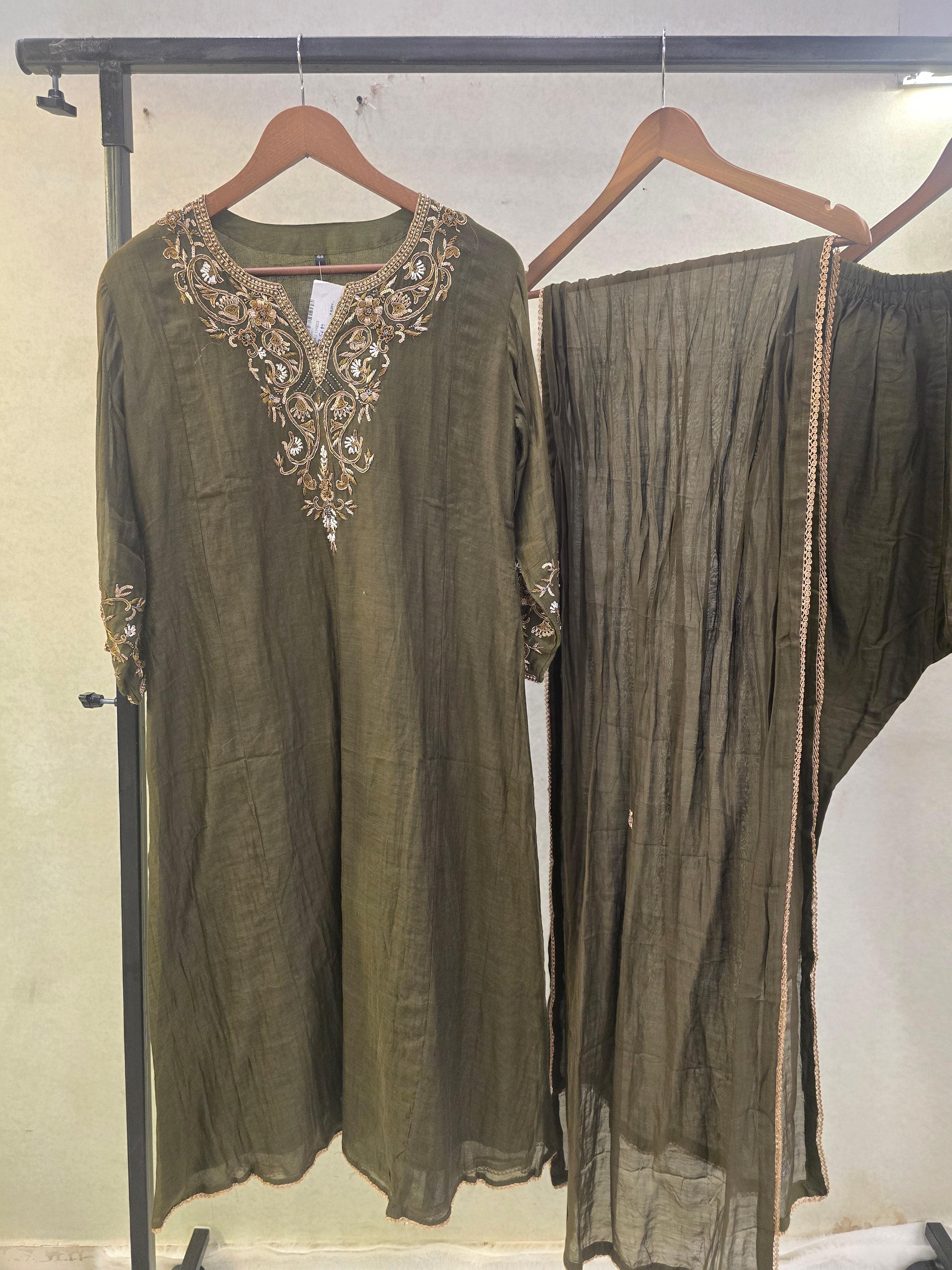 Image of Olive Green Designer Embroidered Kurta Set with Chiffon Dupatta | Premium 3 Piece Ethnic Suit