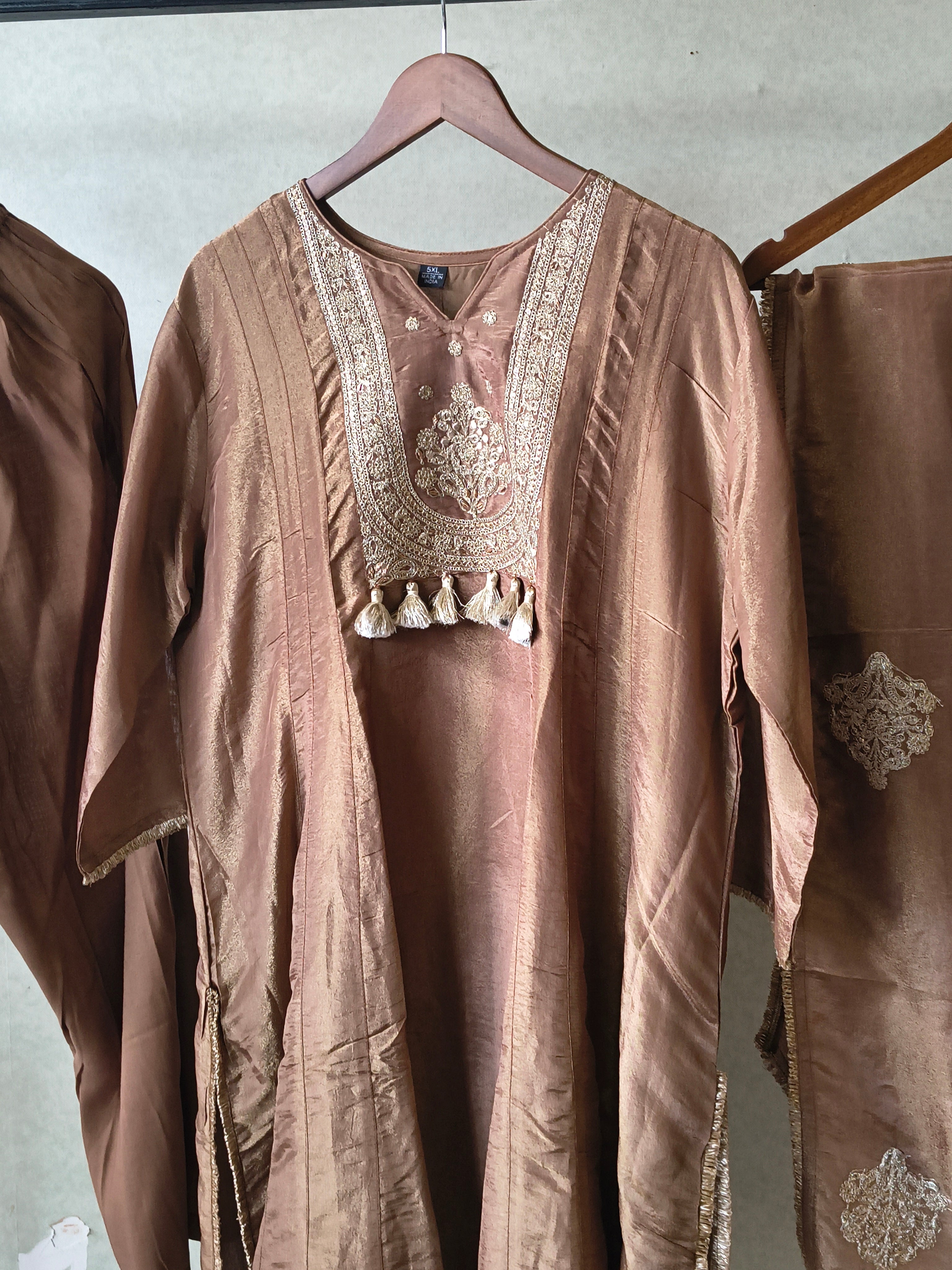 Image of Premium Copper Brown Embroidered A-Line Kurta Set with Dupatta