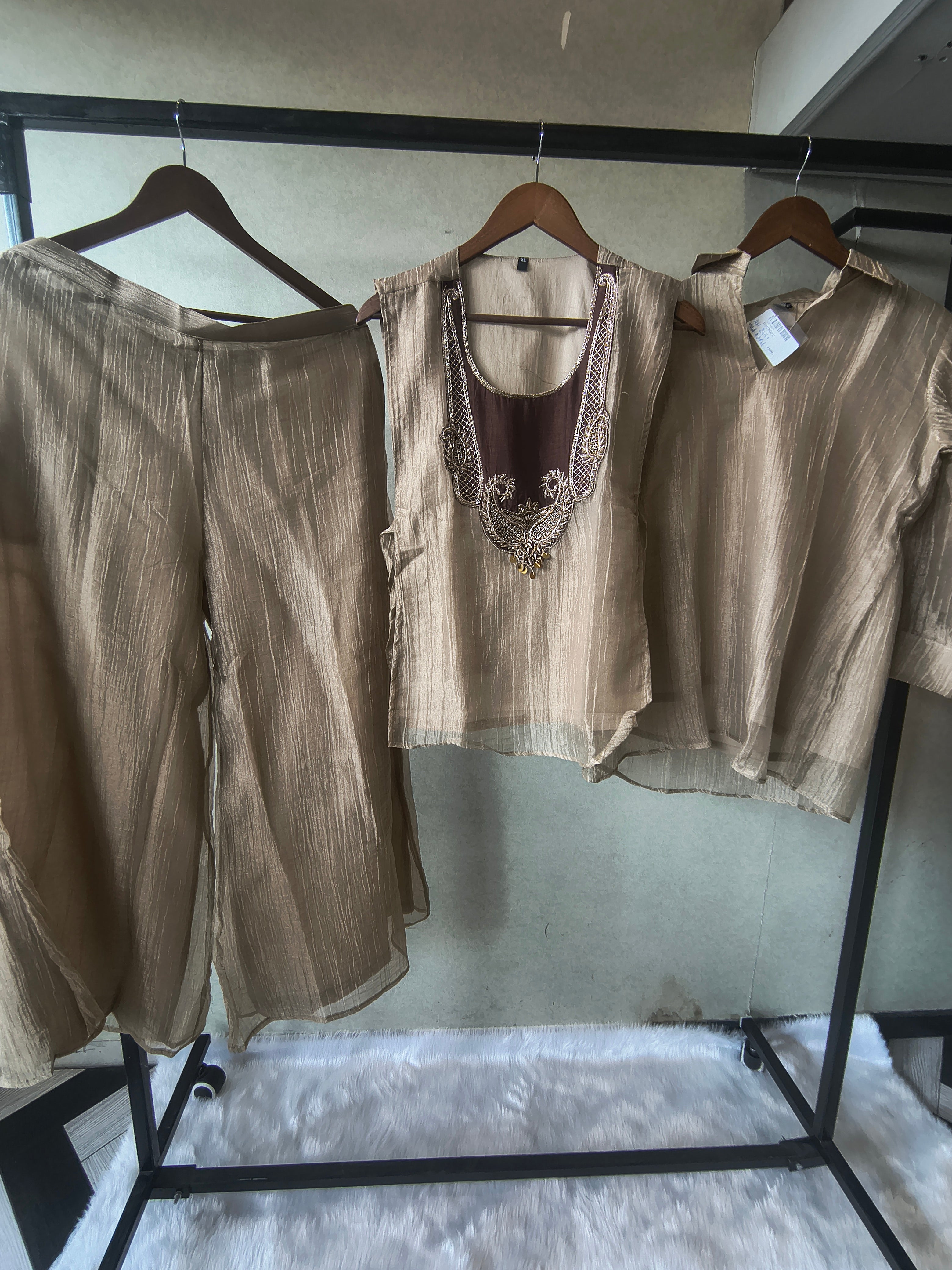 Image of Premium Taupe Tissue Silk 3-Piece Co-Ord Set with Antique Embroidered Jacket, Inner & Palazzo