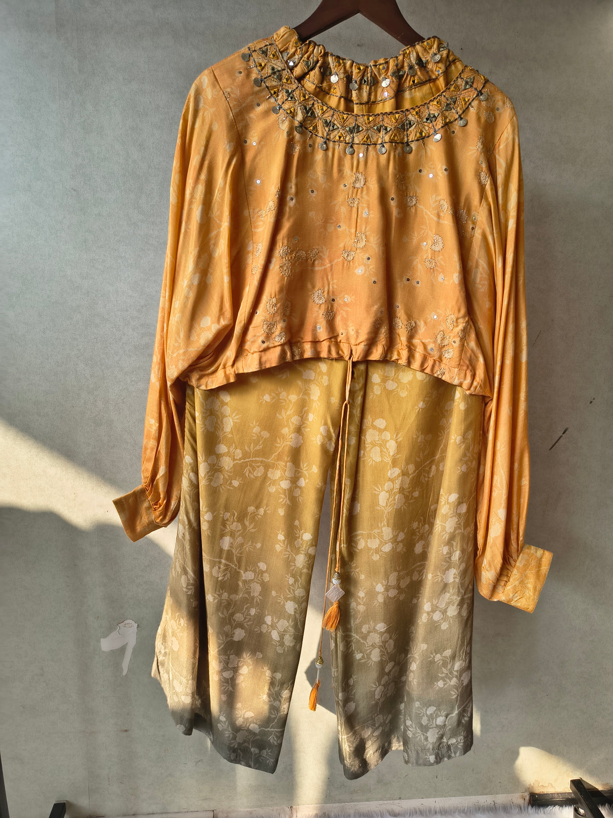 Premium Sunset Ombre Embellished Crop Top & Wide-Leg Palazzo Co-Ord Set