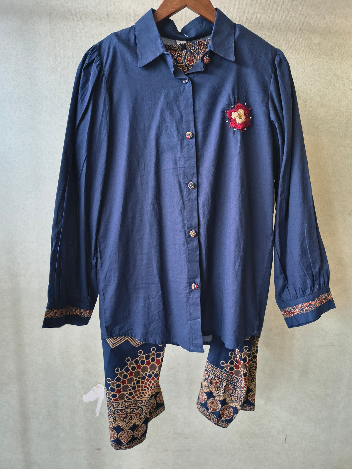 Navy Blue Designer Shirt Co-Ord Set with Statement Printed Palazzo Pants