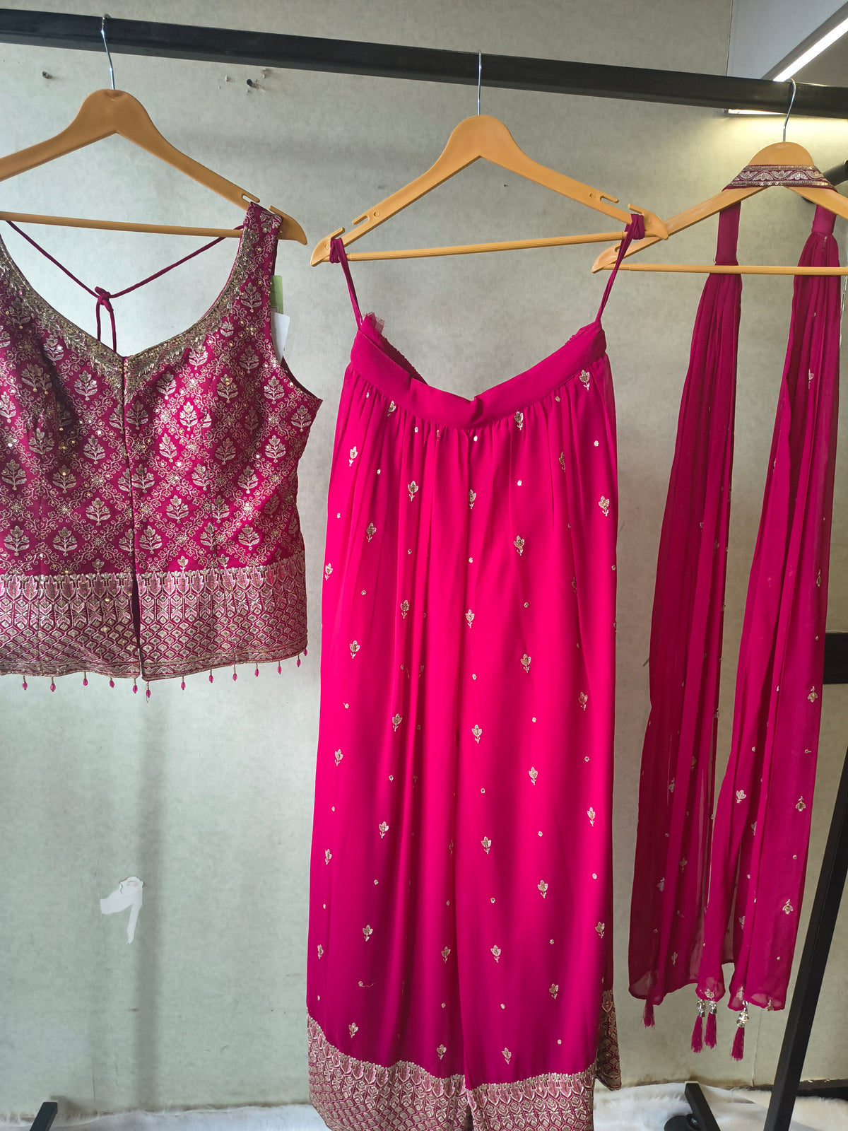 Rani Pink Zari Woven Blouse with Flared Palazzo & Embellished Dupatta – Designer 3 Piece Festive Set