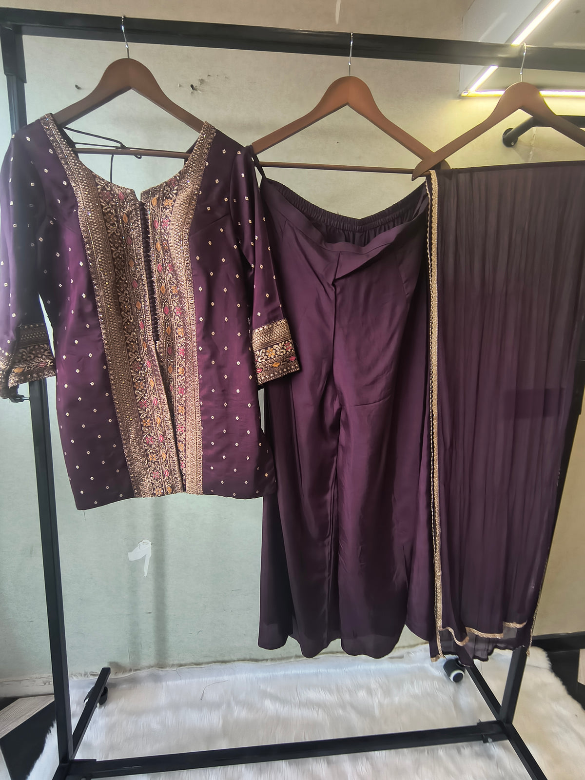 Royal Purple Embroidered Straight Kurta Set with Flared Palazzo & Pleated Dupatta – Designer 3 Piece Festive Ensemble