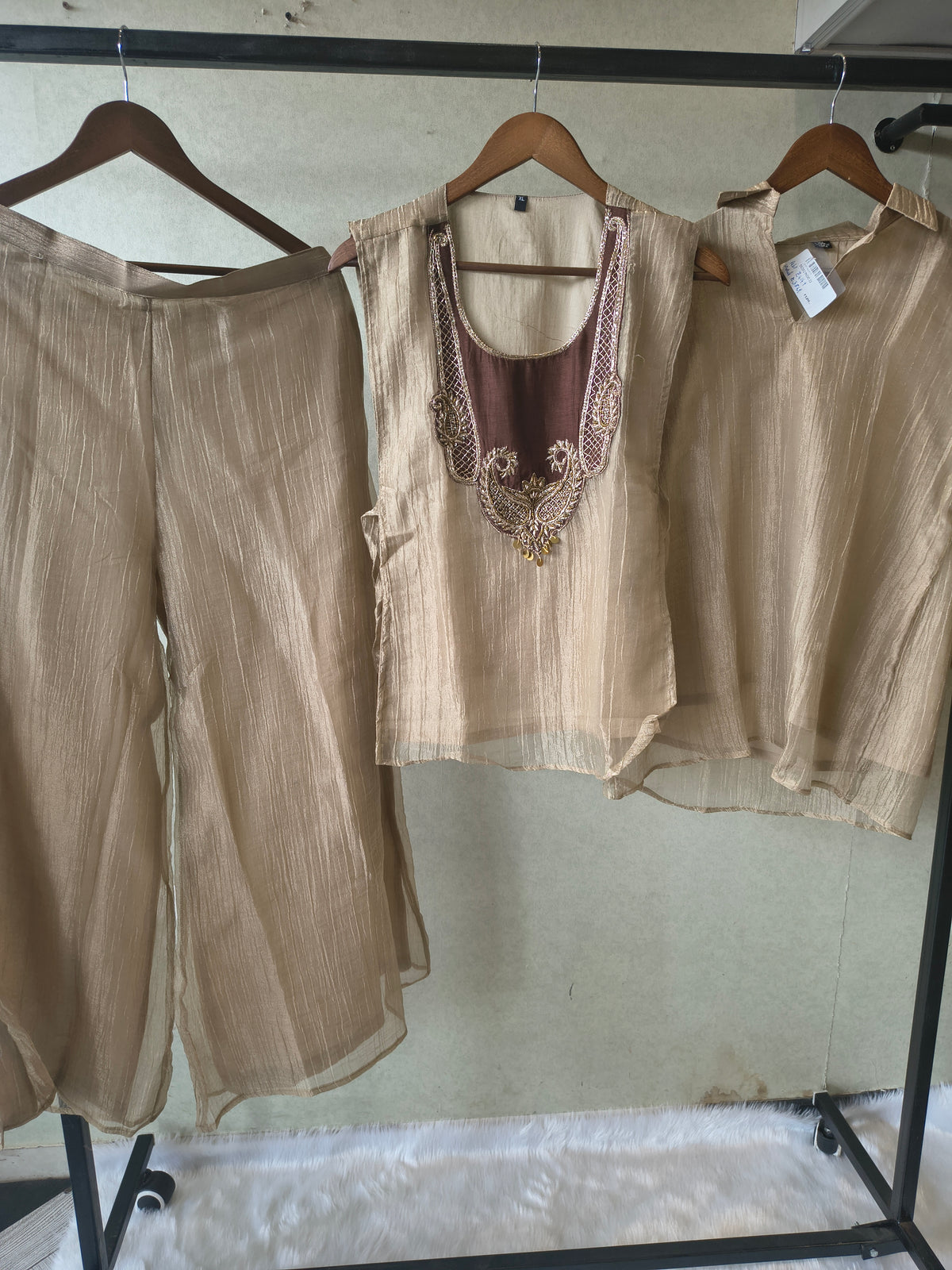 Premium Taupe Tissue Silk 3-Piece Co-Ord Set with Antique Embroidered Jacket, Inner & Palazzo