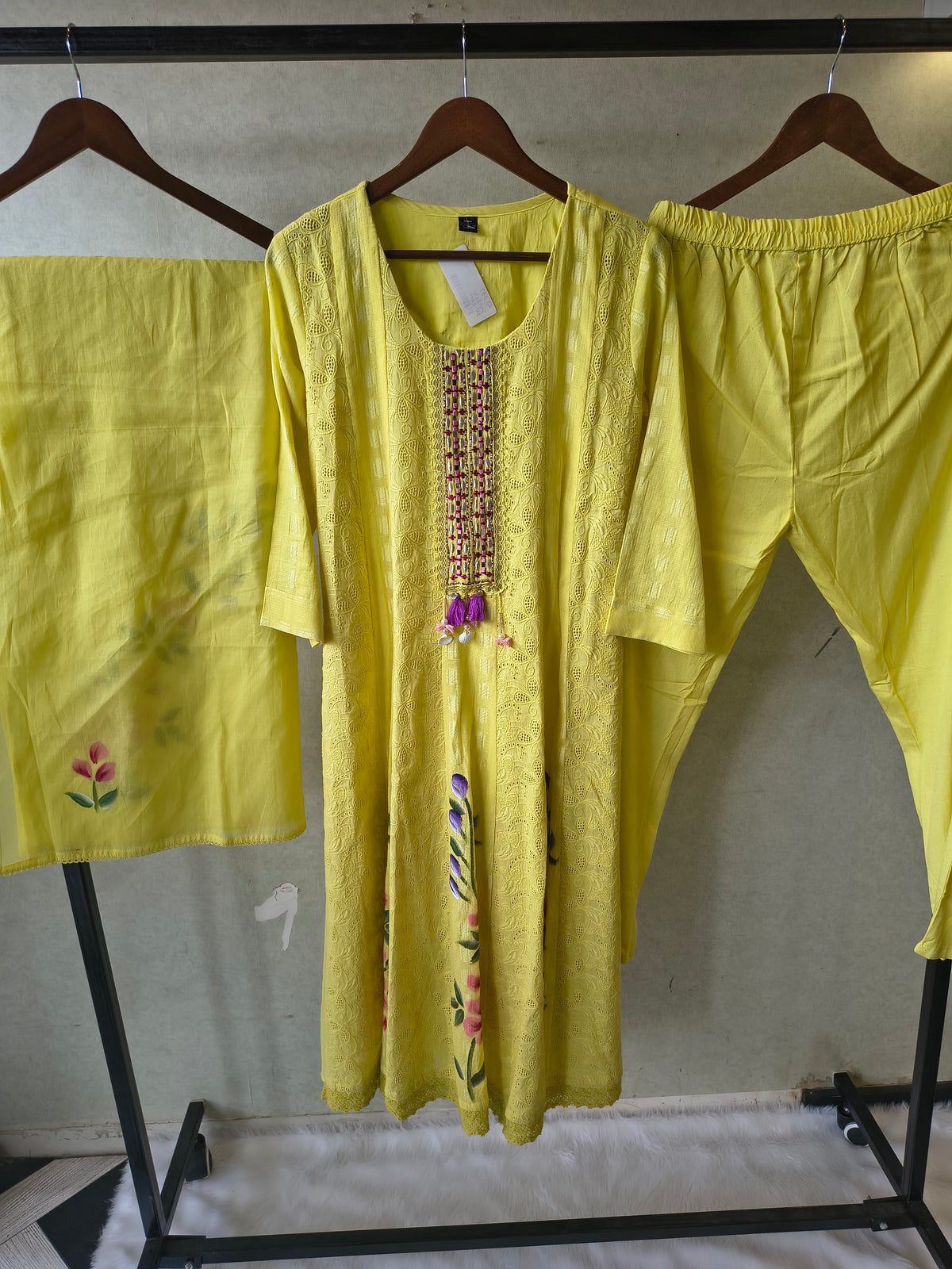 Premium Sunshine Yellow Schiffli Embroidered Kurta Set with Floral Handwork & Dupatta